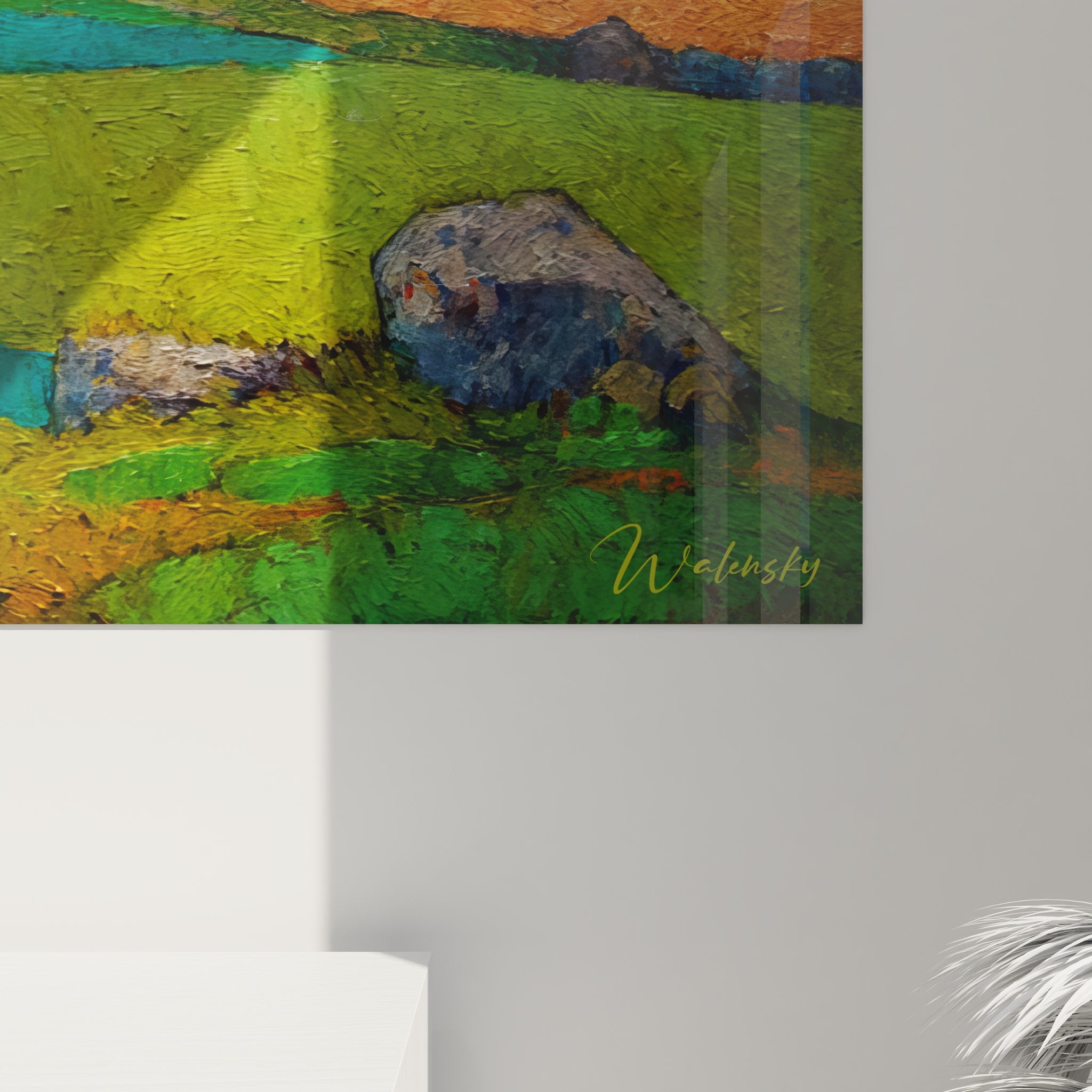 Vue ensemble tableau mural village rural breton chaumières champs colorés décoration campagne