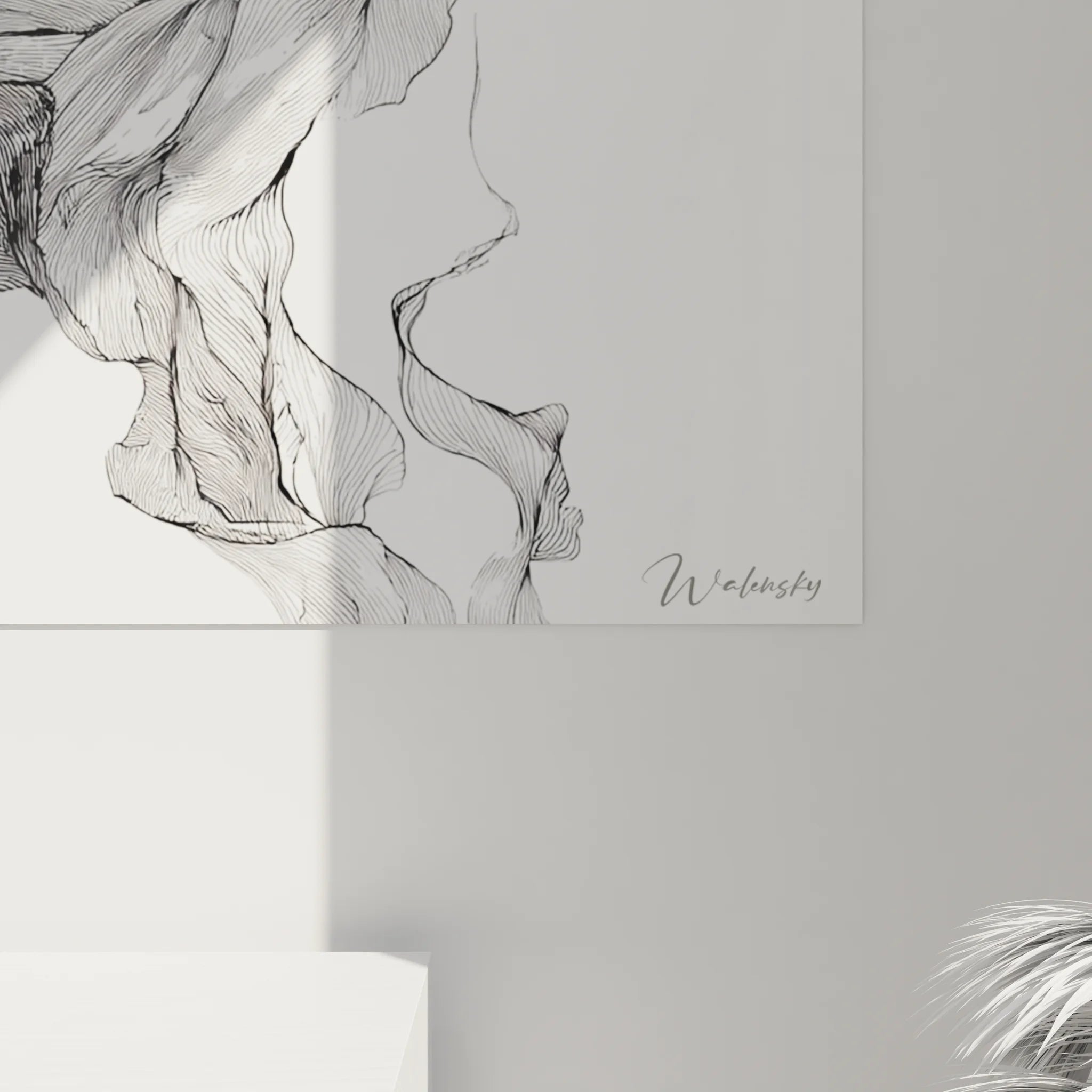 Vue ensemble tableau visage métamorphose, œuvre art moderne noir et blanc pour décoration contemporaine