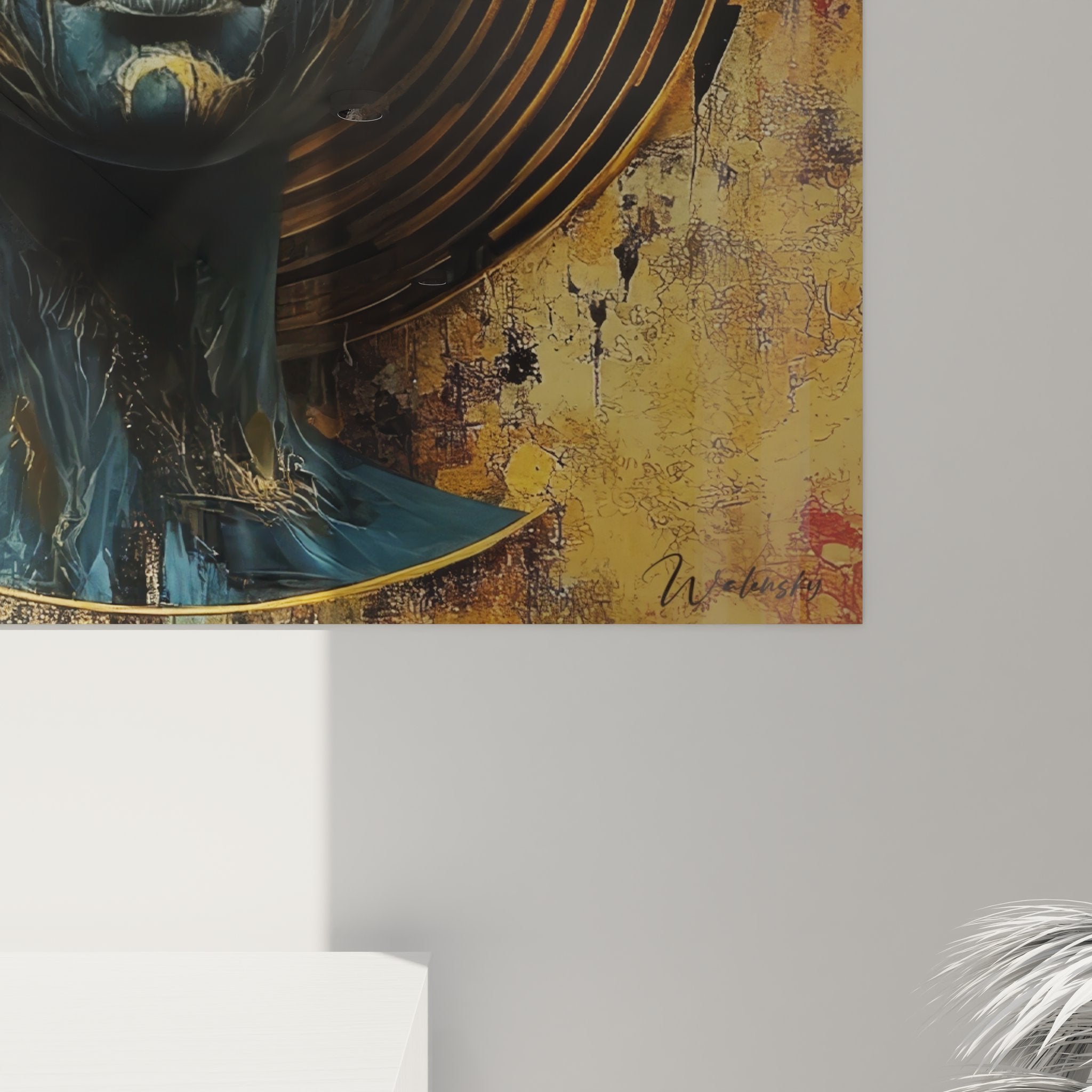 Vue ensemble tableau mural visage mystique cercles dorés art spirituel figuratif abstrait