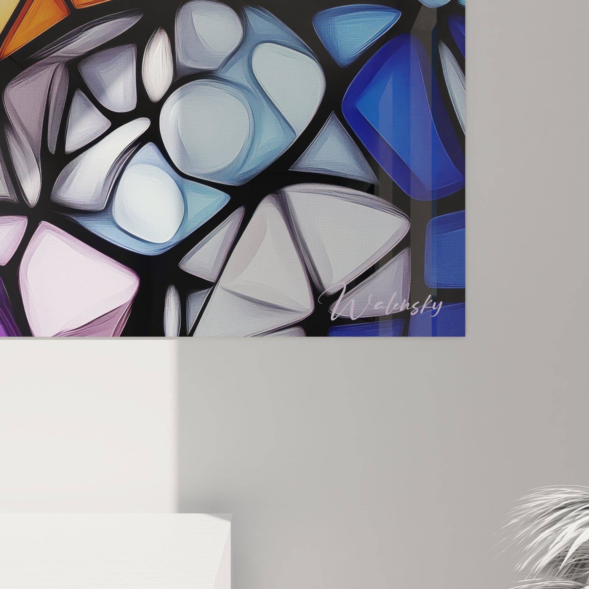 Vue ensemble tableau vitraux géométrique floral multicolore décoration murale moderne