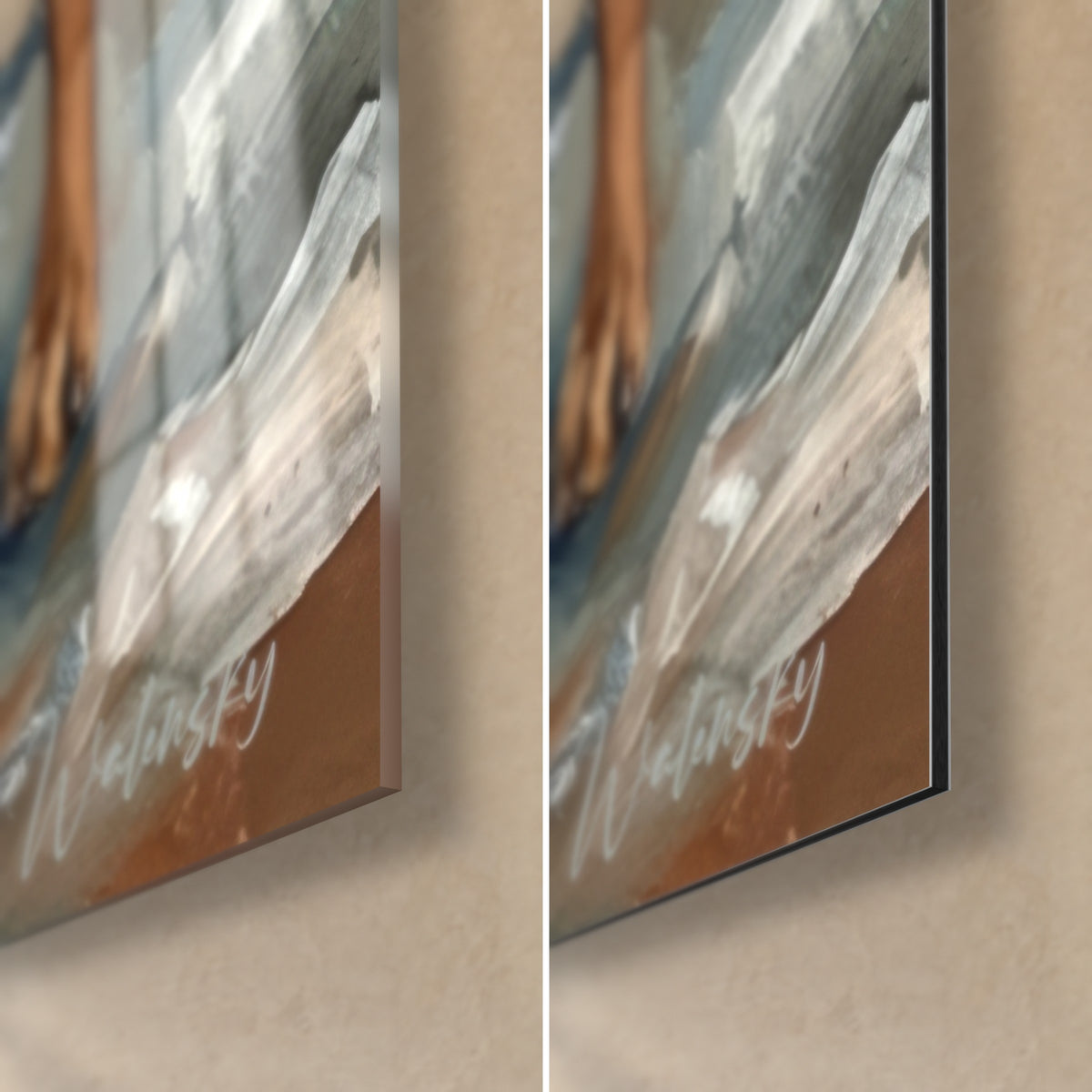Schilderij oker Hongaarse windhond, witte signatuur in de hoek, glanzend glas links, mat Dibond rechts, 3 mm rand