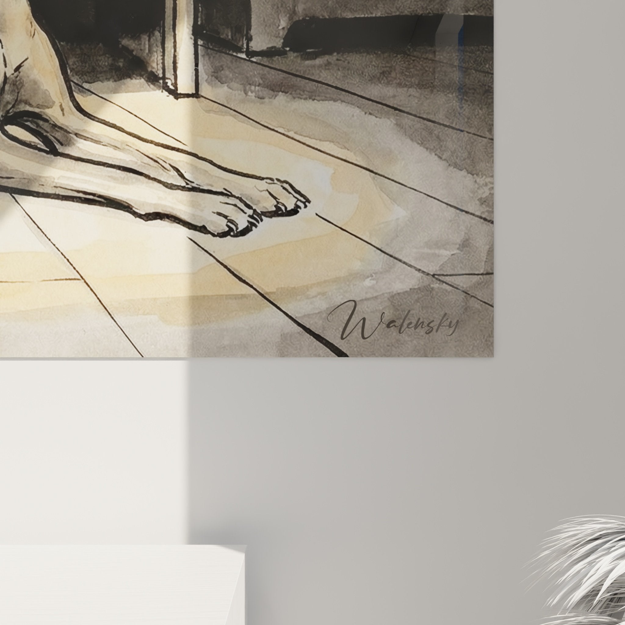 Vue d'ensemble du tableau Vizsla dans un salon contemporain avec mobilier en bois naturel