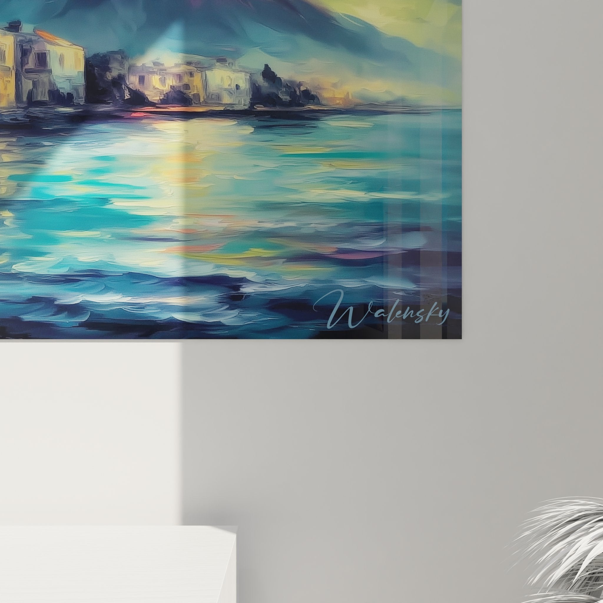 Vue ensemble tableau mural volcan fantastique avec village méditerranéen et cosmos