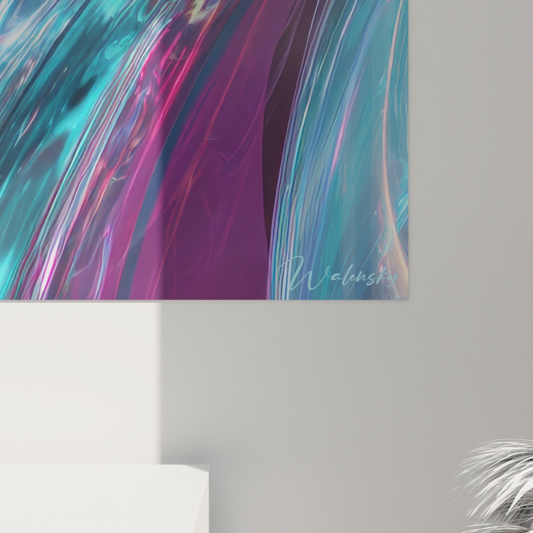 Vue ensemble tableau mural flux métallique vortex chromé décoration moderne futurisme abstrait