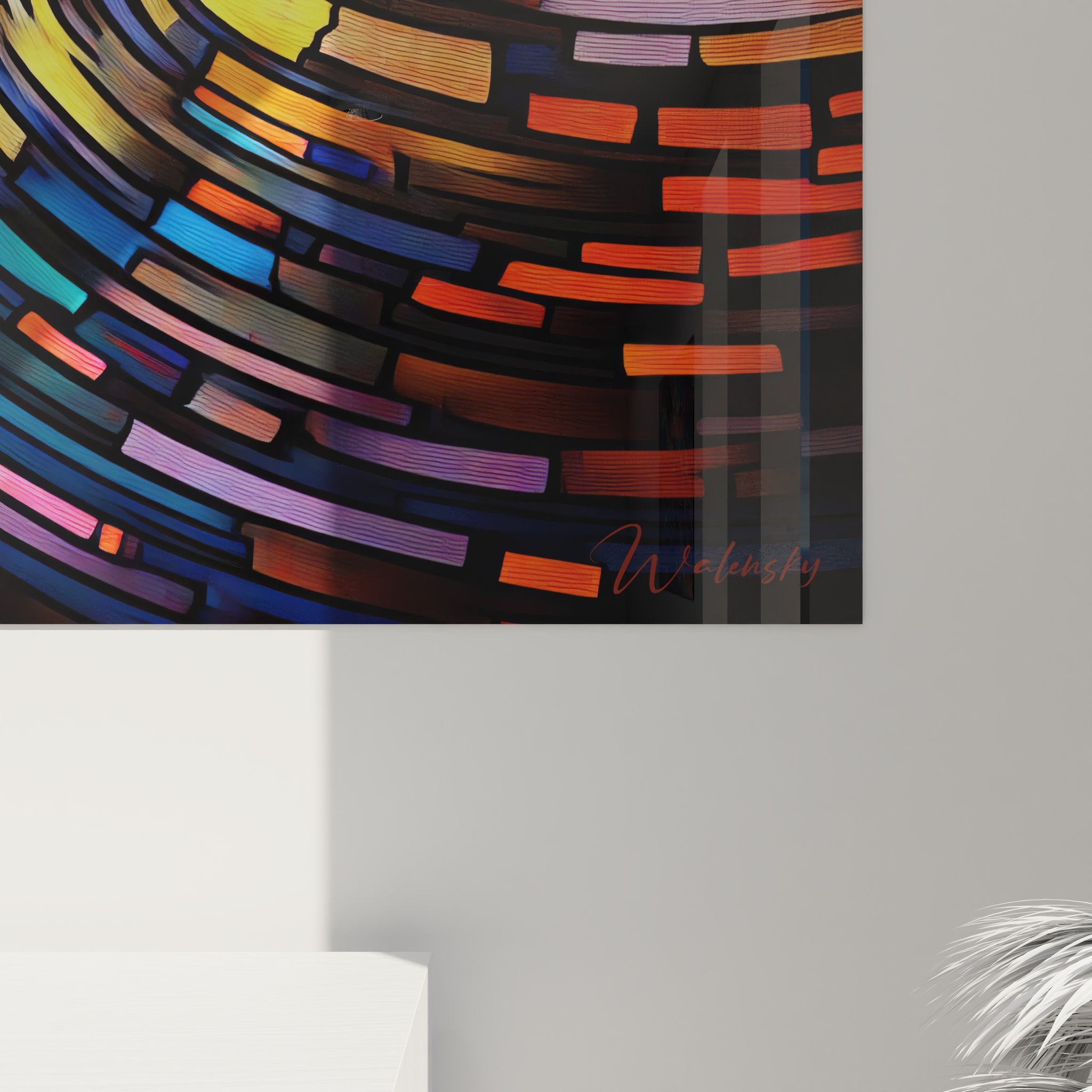 Vue ensemble tableau vortex lumineux digital avec spirales concentriques multicolores murales