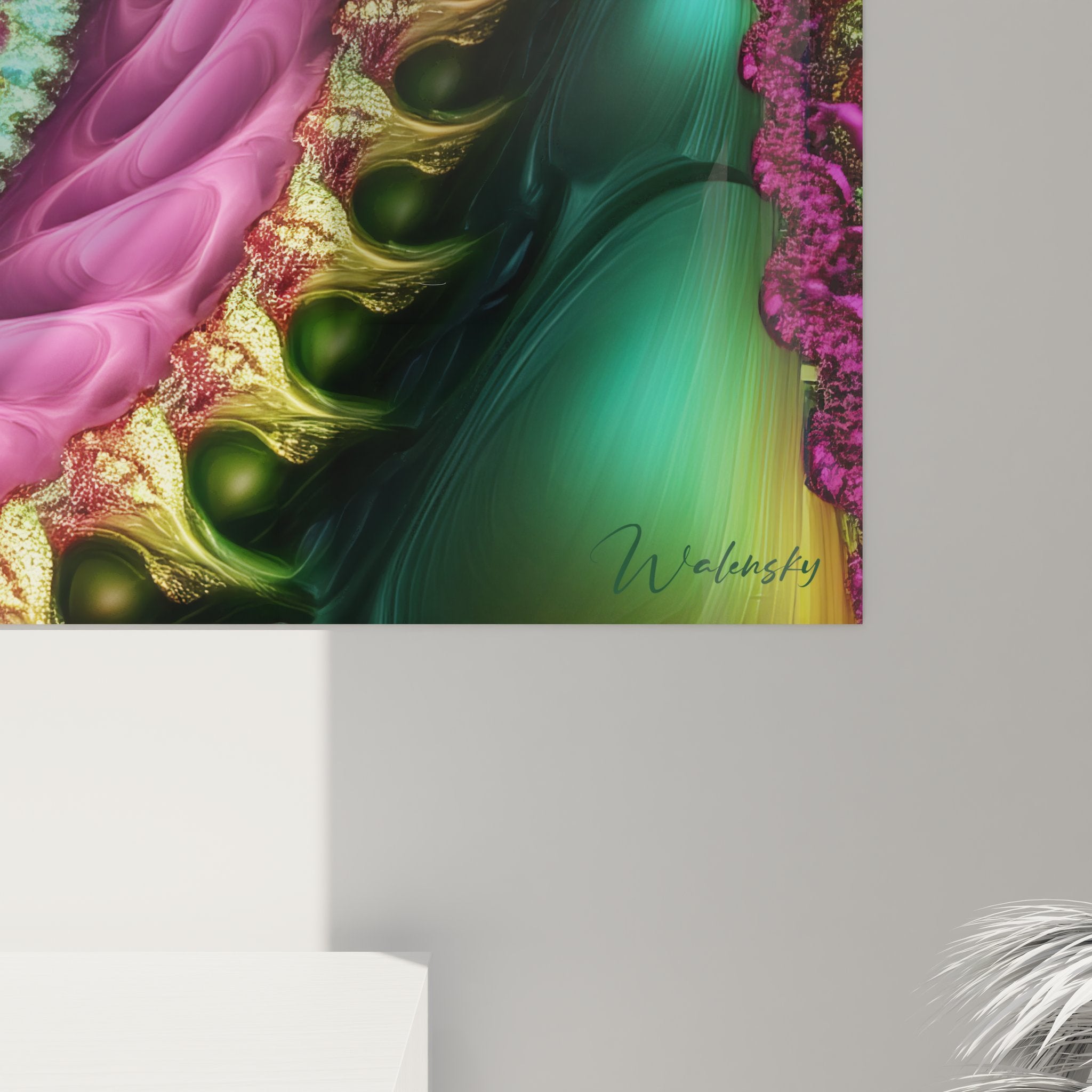 Vue ensemble tableau mural spirale abstraite multicolore avec effet vortex et motifs géométriques