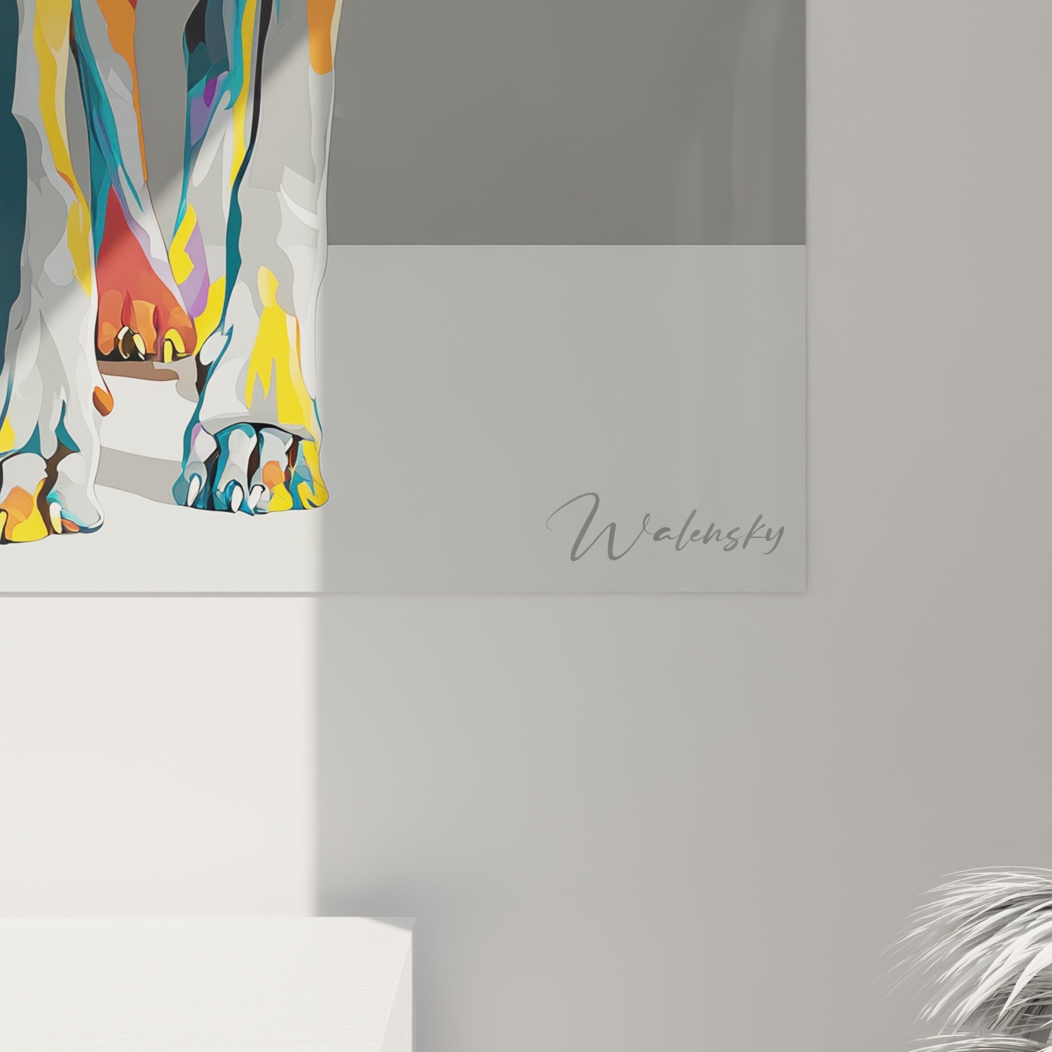 Vue d'ensemble du tableau Weimaraner géométrique dans intérieur moderne avec éclairage naturel