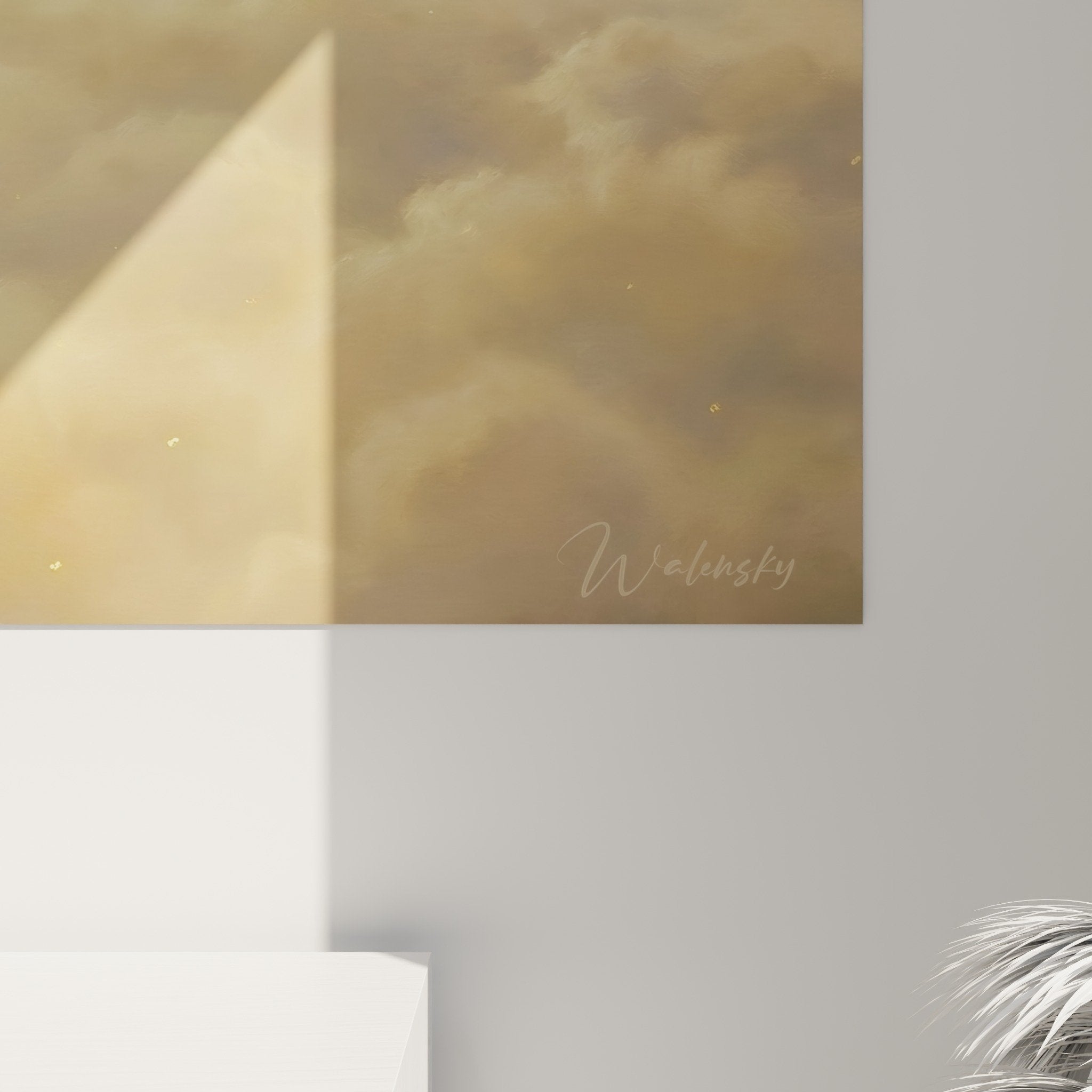 Vue ensemble tableau wingsuit vol libre nuages dores accroche au mur decoration interieur contemporain