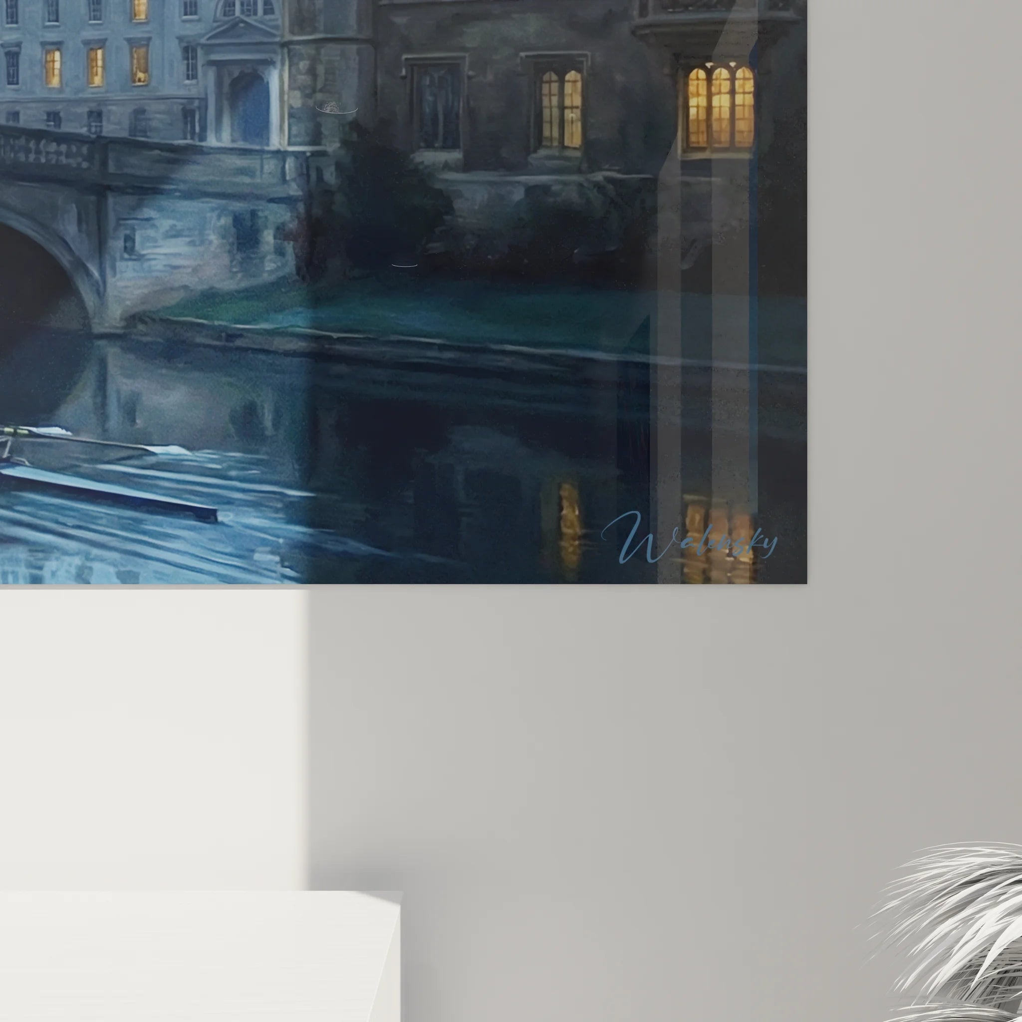 Vue d'ensemble tableau XXL aviron Cambridge avec pont gothique et architecture universitaire britannique