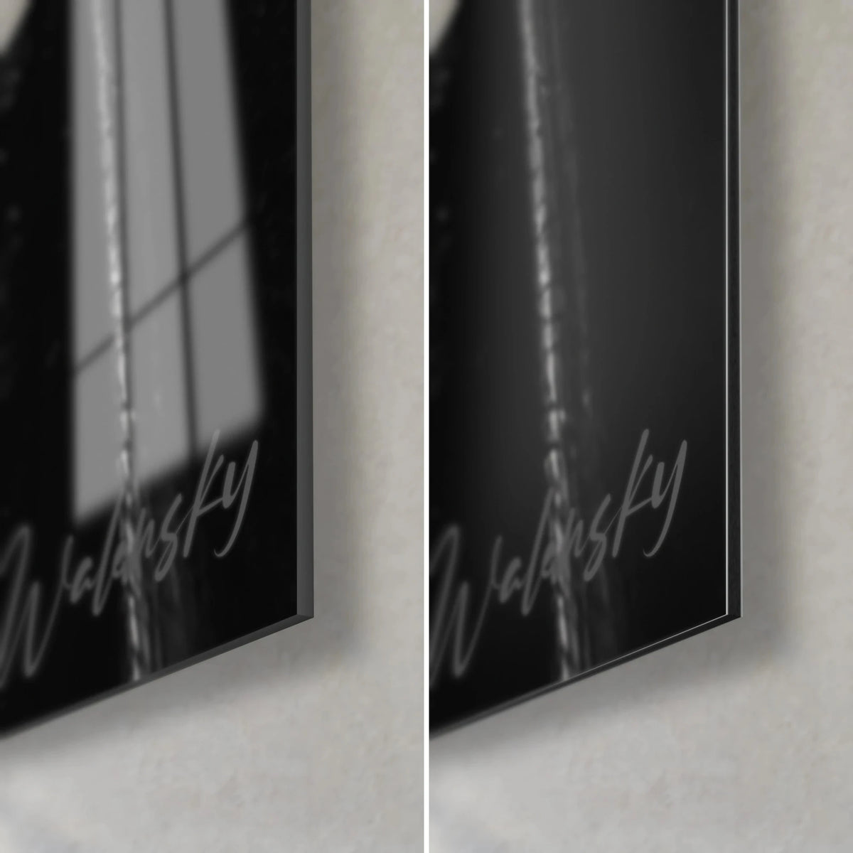 Cuadro vía de tren en el bosque, esquina inferior derecha: cristal negro brillante con reflejos y aluminio Dibond gris mate, grosor de 3 mm