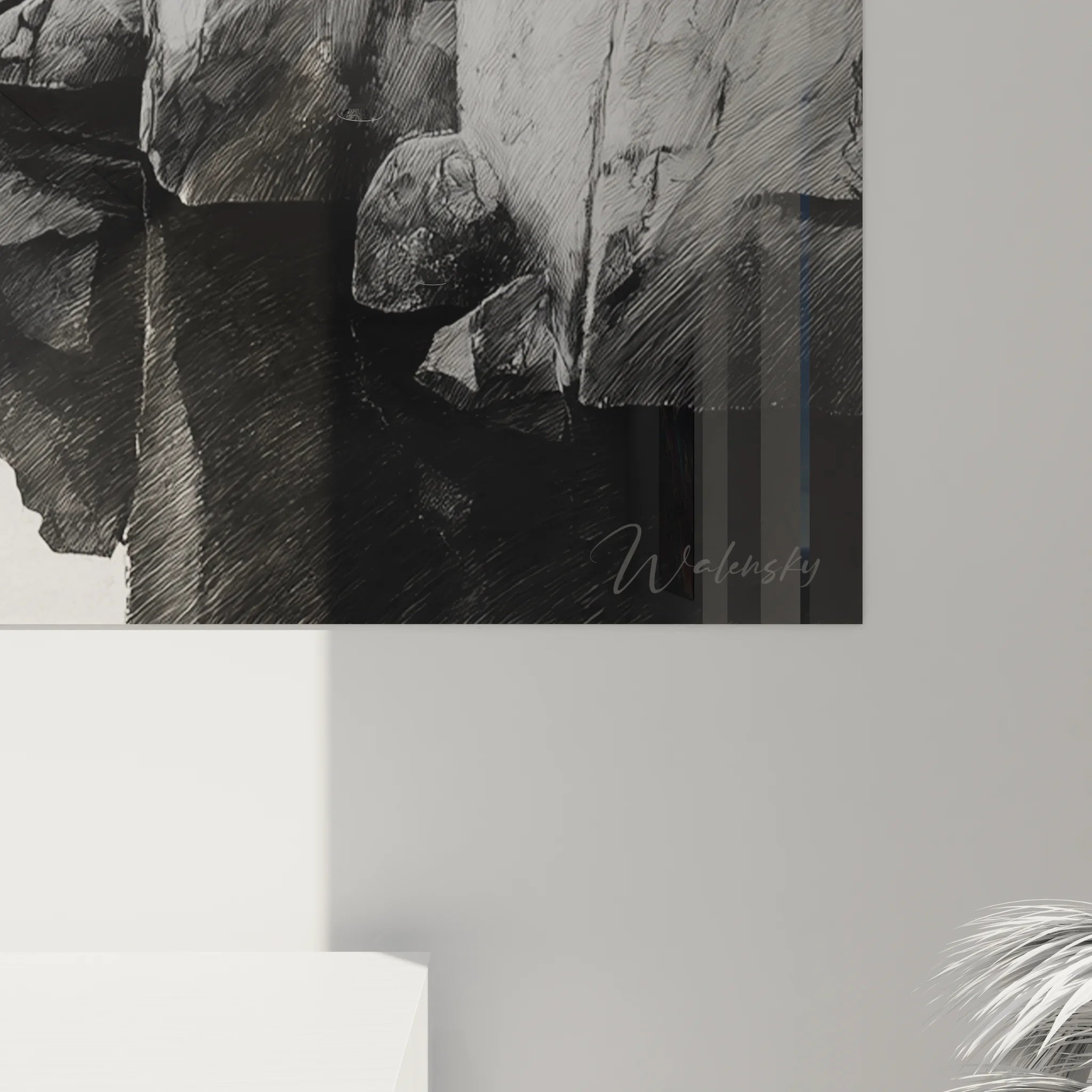 Vue d'ensemble tableau XXL paysage rocheux noir et blanc dans salon moderne déco murale