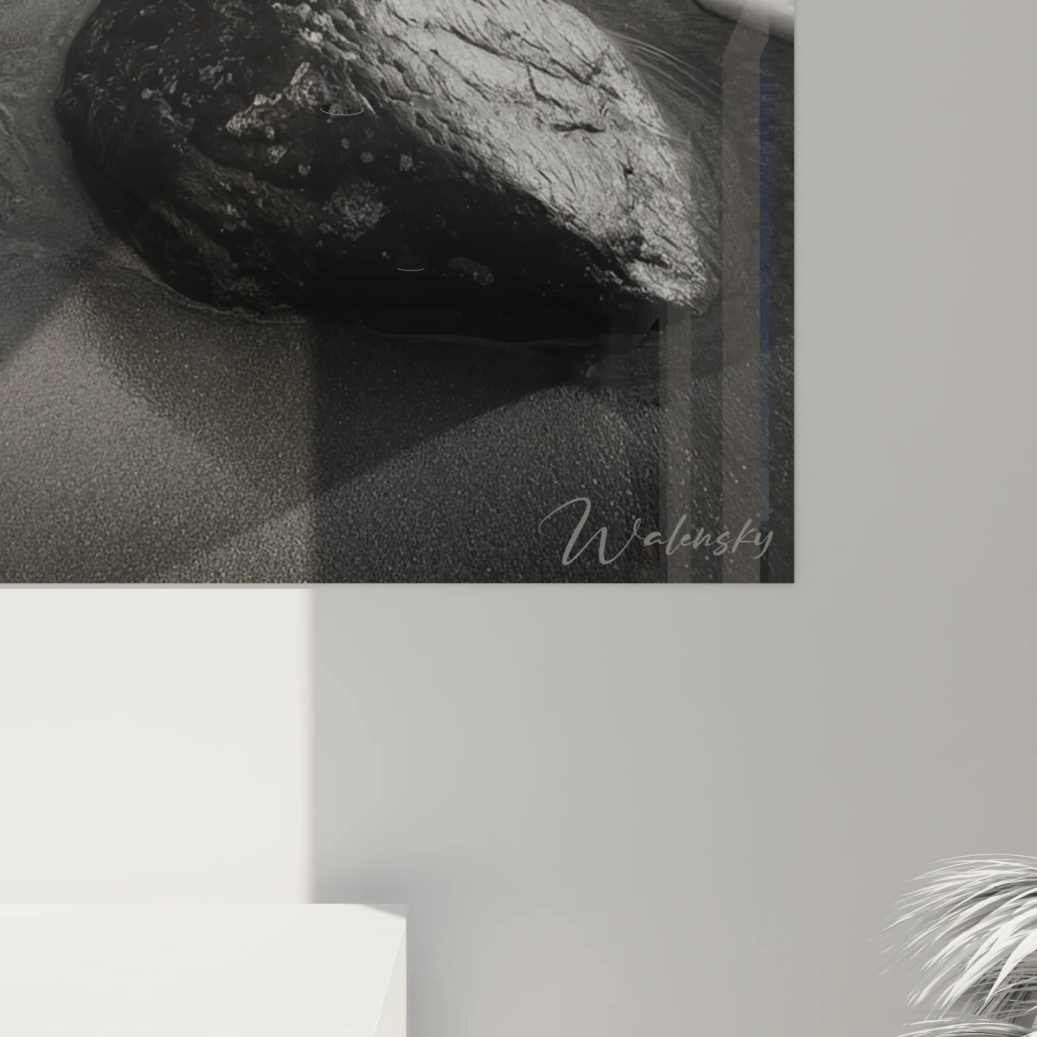 Vue d'ensemble tableau XXL plage rochers, art mural paysage marin noir et blanc grand format