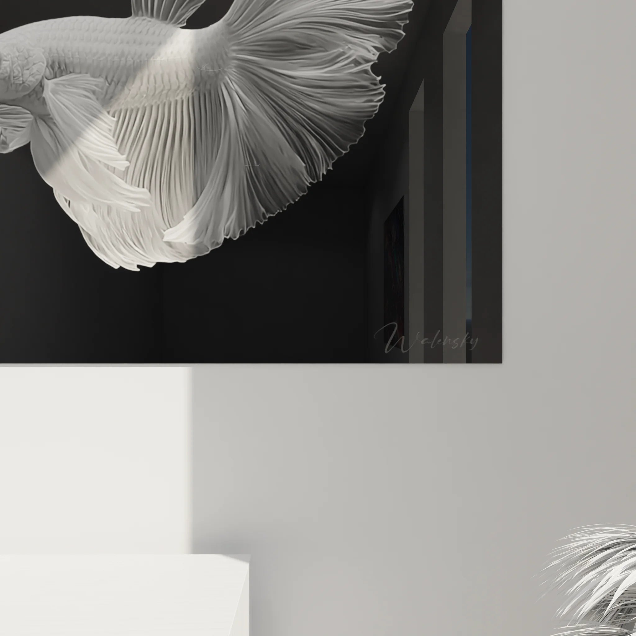 Vue ensemble tableau XXL poissons combattants décoration murale animaux noir et blanc