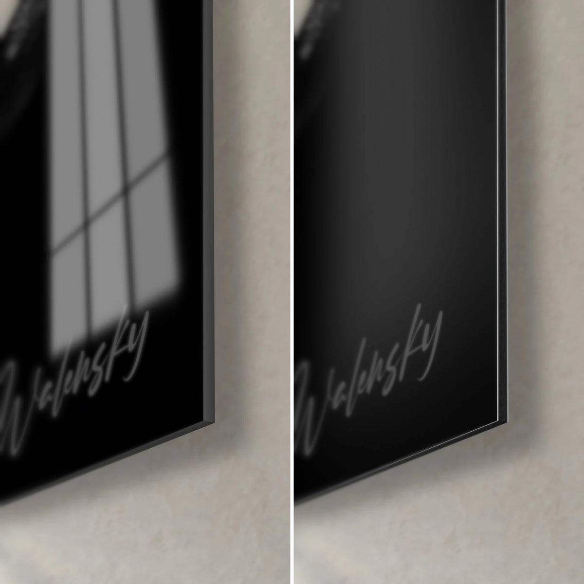 Wall art athlete with taped hands, bottom right corner: glossy black acrylic glass reflecting a window, matte grey Dibond, 3 mm edge