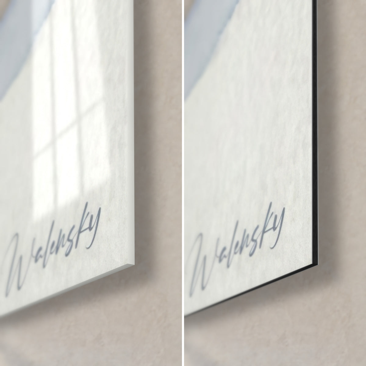 Wall art balance dancer on paddle, bottom right corner: glossy acrylic glass on the left, matte black Dibond on the right, slate blue signature