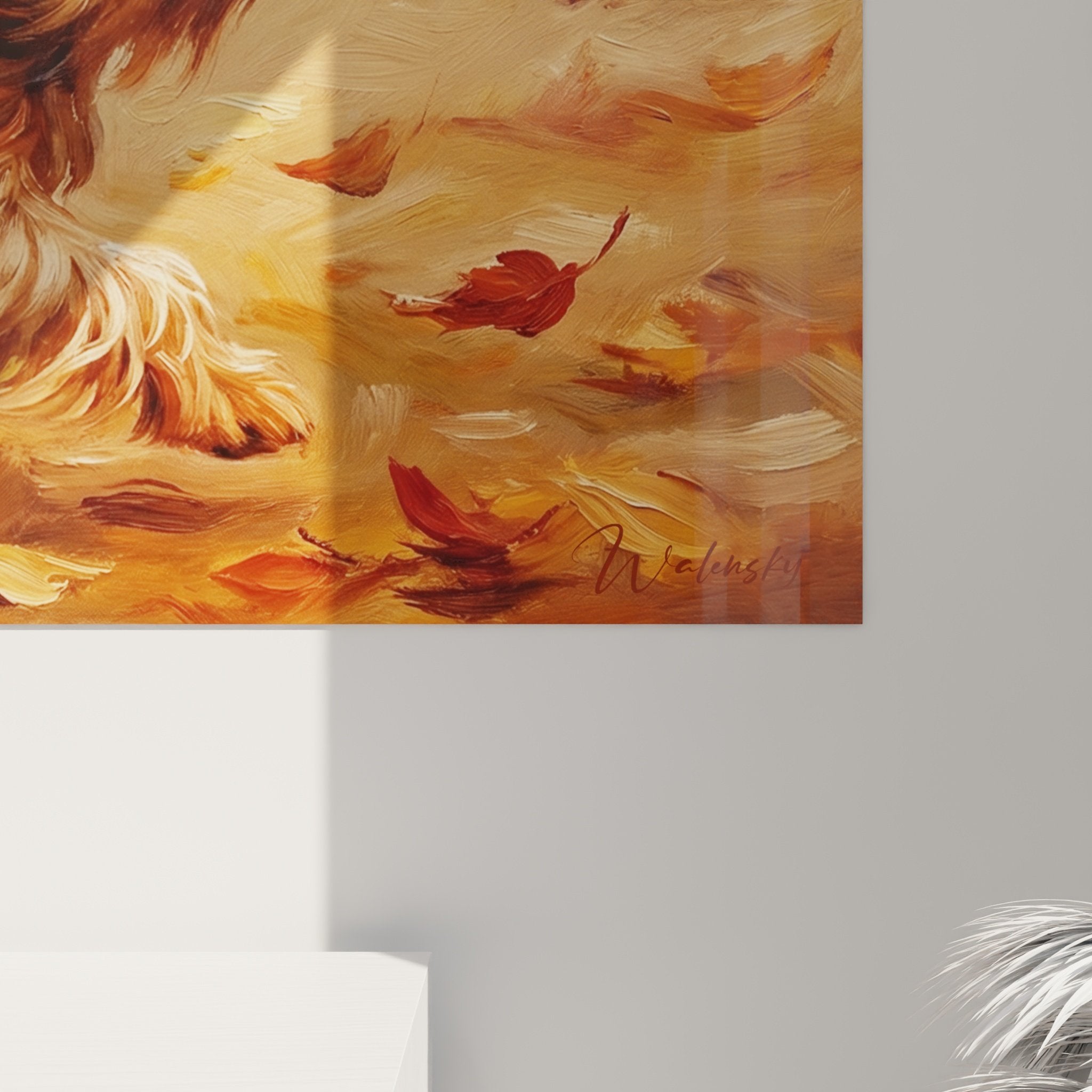 Gesamtansicht Yorkshire-Herbst-Kunstwerk Wanddekoration Hundekunst modernes warmes Interieur