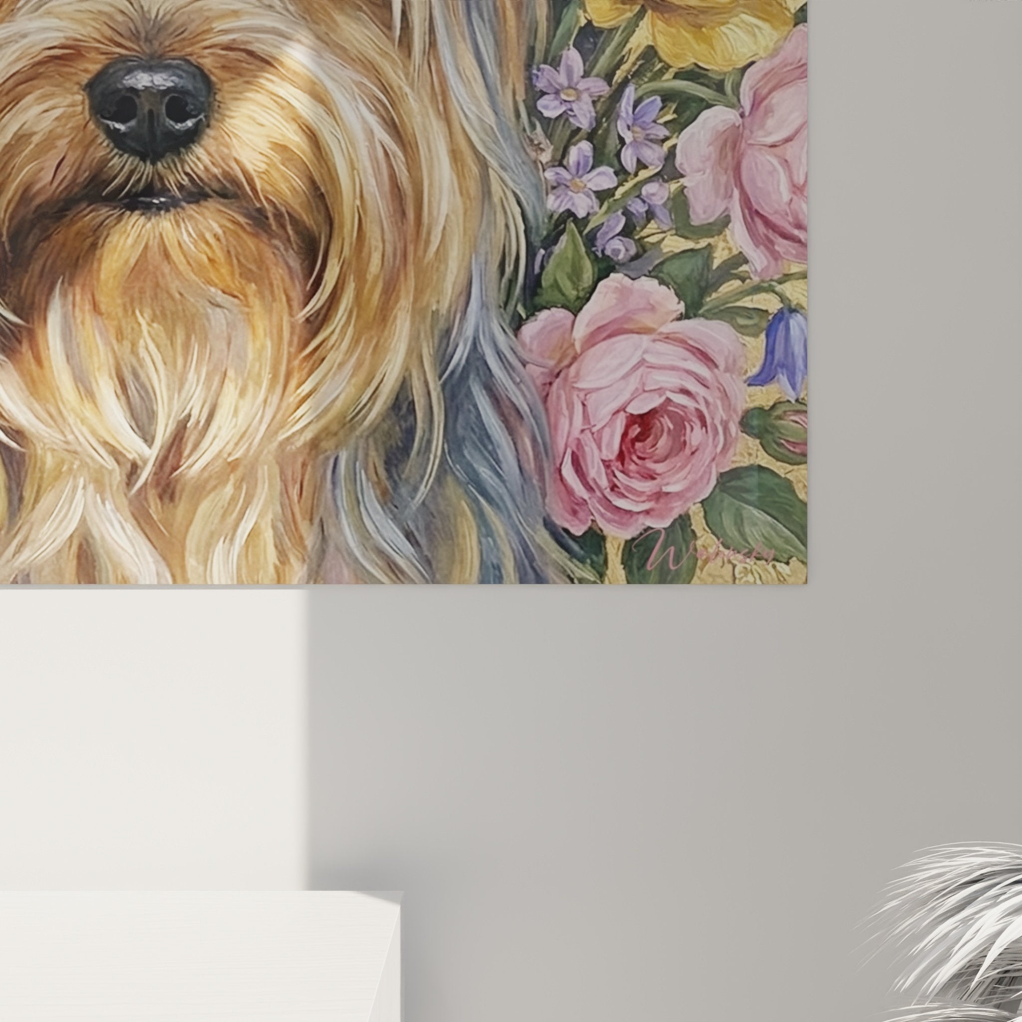 Übersicht Wandgemälde Hund Yorkshire Terrier Blütenstrauß Vintage Innenausstattung