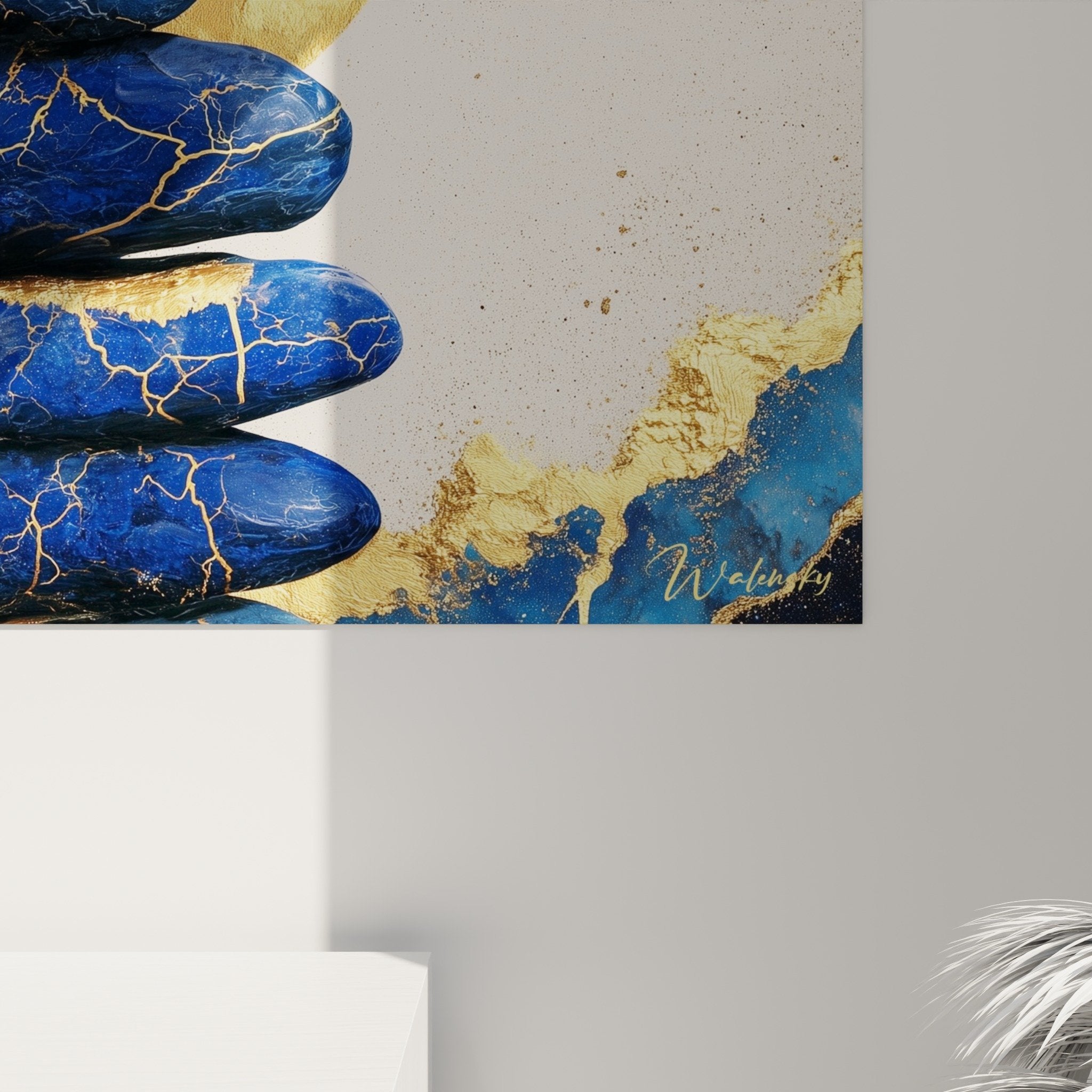 Overview panoramic wall art blue and gold zen pebbles on white wall modern soothing decoration