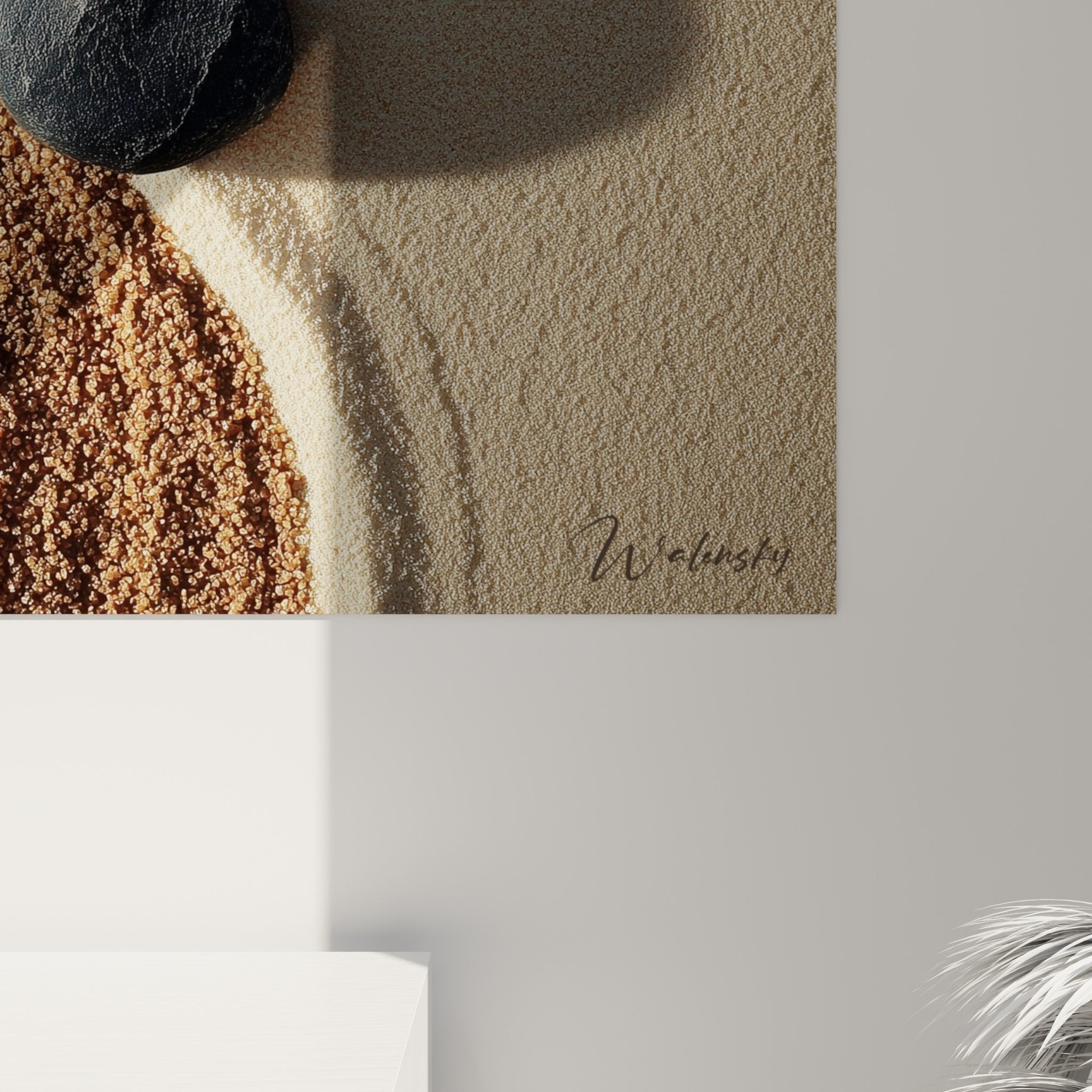 vue ensemble tableau zen sable composition harmonieuse pierres equilibre decoration murale