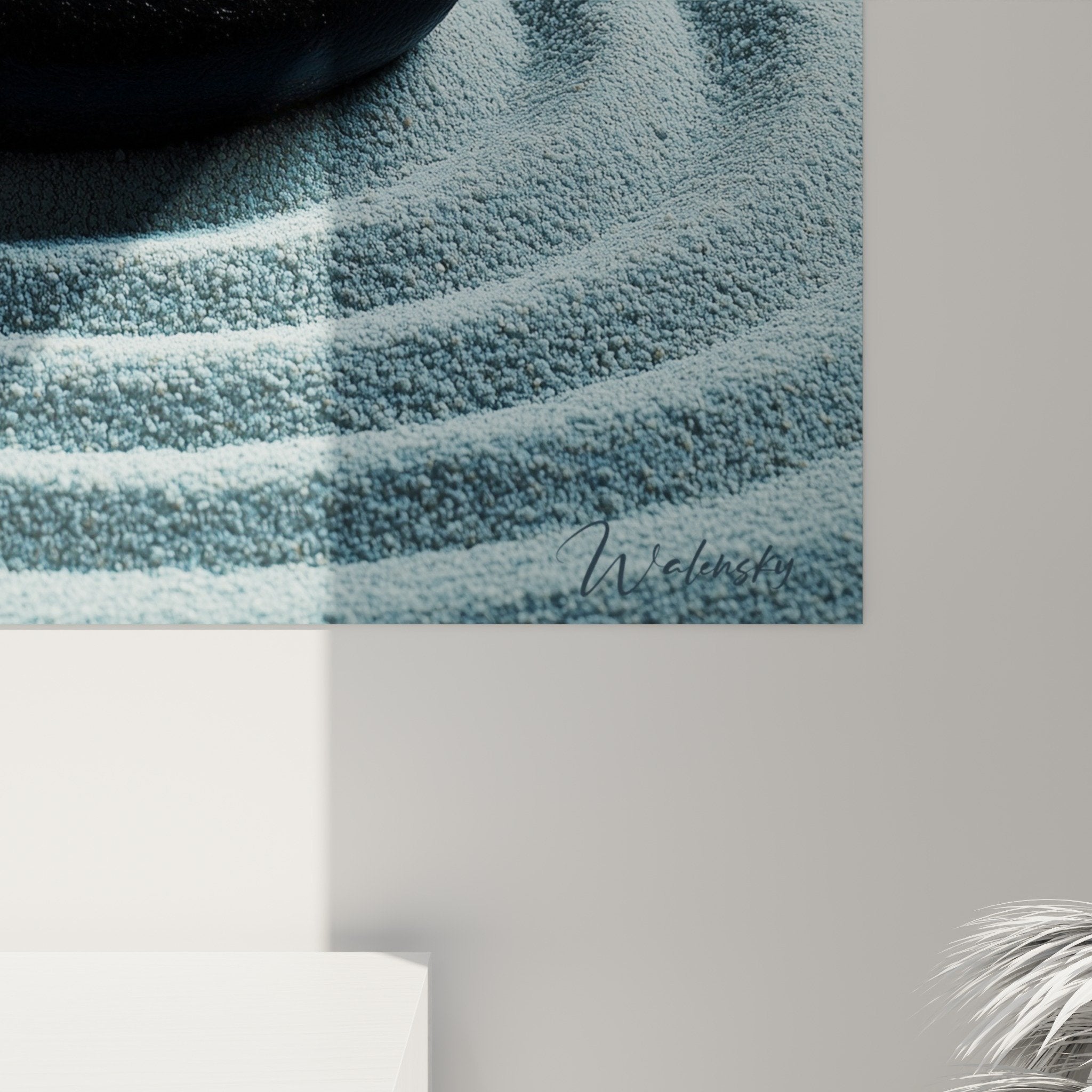 Vue ensemble tableau zen pierres sable salon moderne decoration minimaliste harmonie equilibre