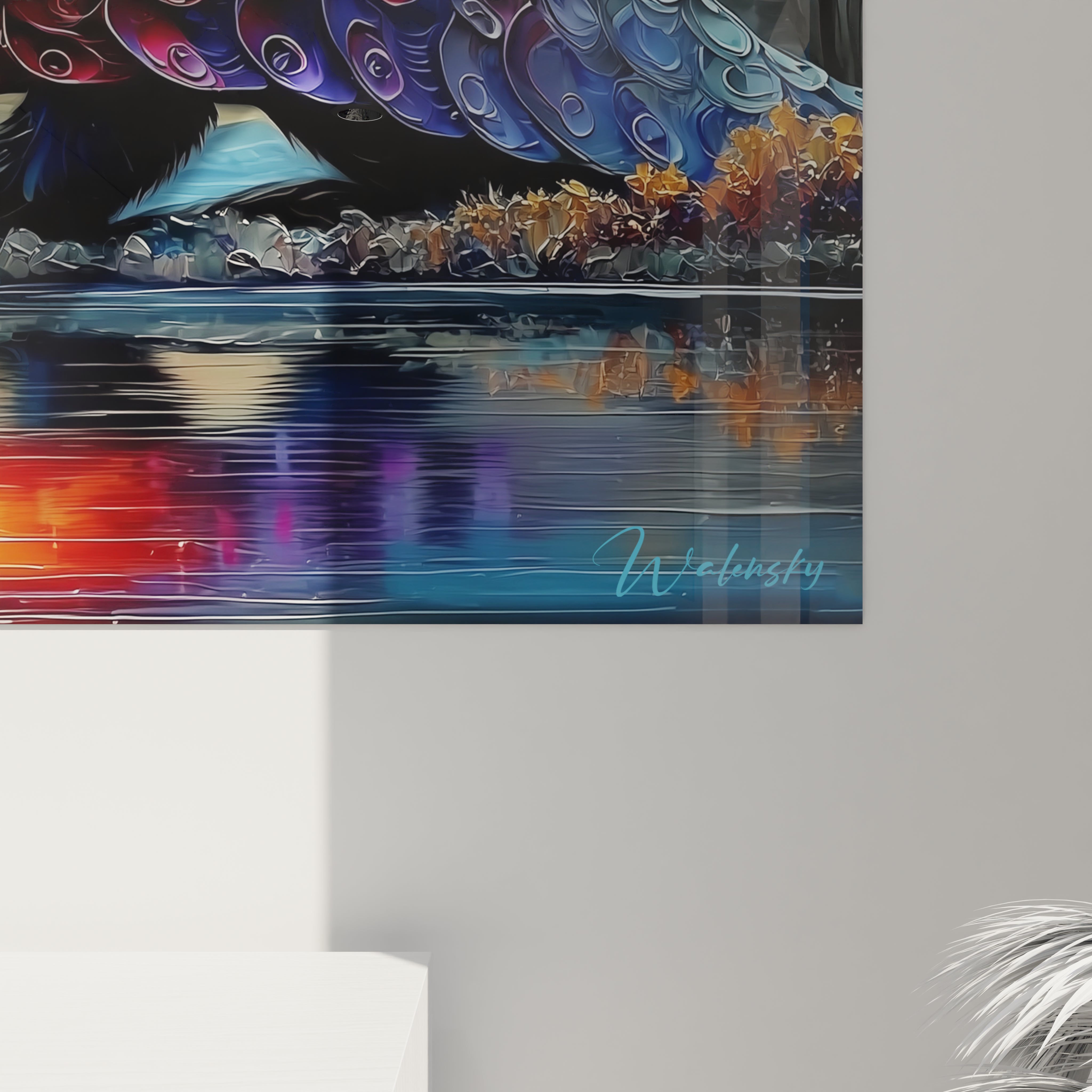 Vue d'ensemble tableau tatou mythologique dans paysage automnal avec reflets aquatiques parfaits