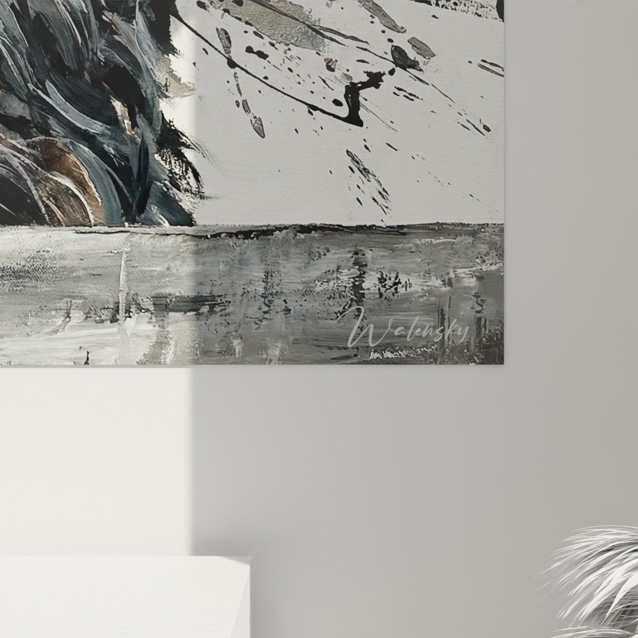 Vue d'ensemble tableau Scottish Terrier noir avec projections peinture grise style contemporain