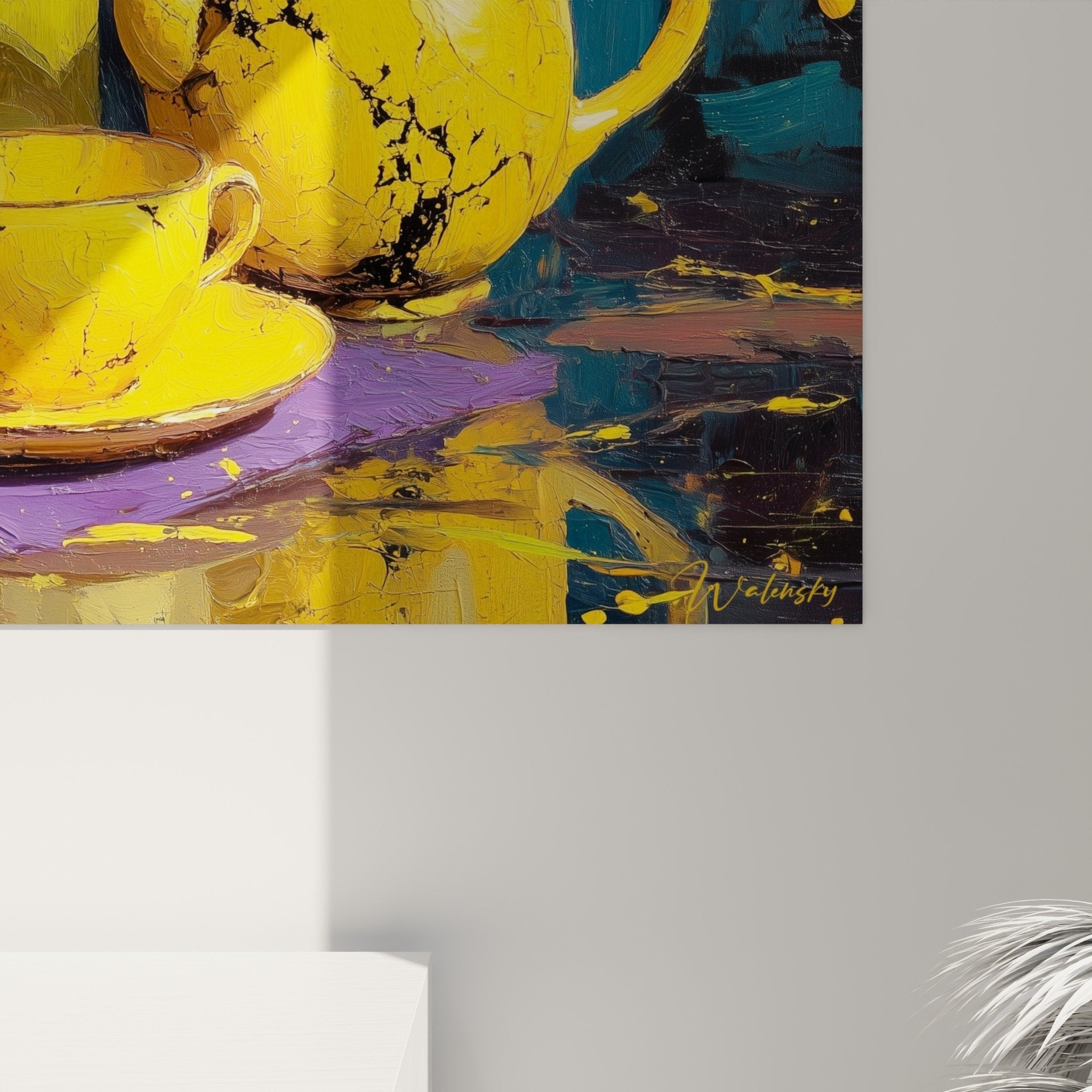 Overview golden teapot painting expressionist style with yellow flowers and dynamic blue background