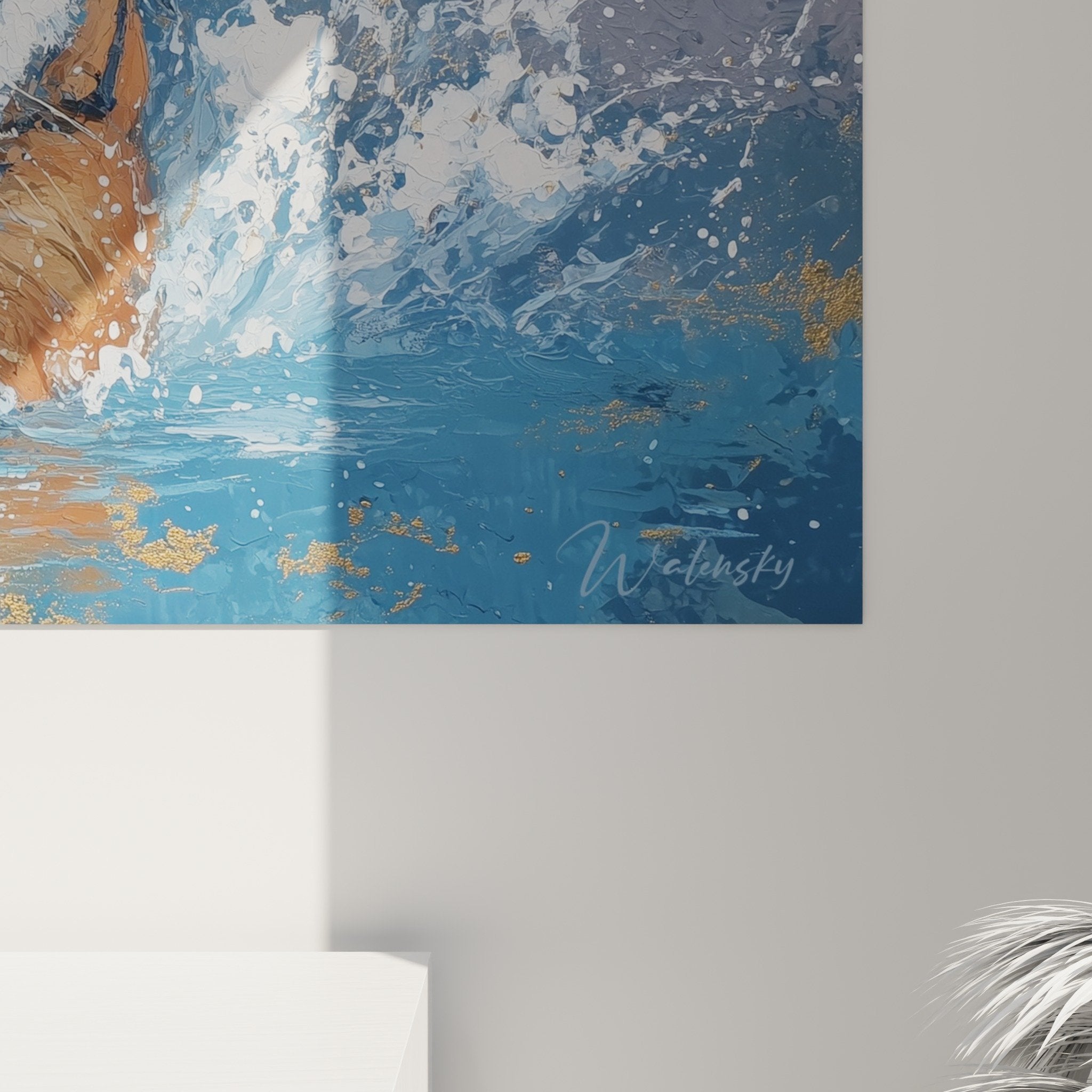 Vue d'ensemble tableau tigre jaillissant des flots avec effets artistiques contemporains