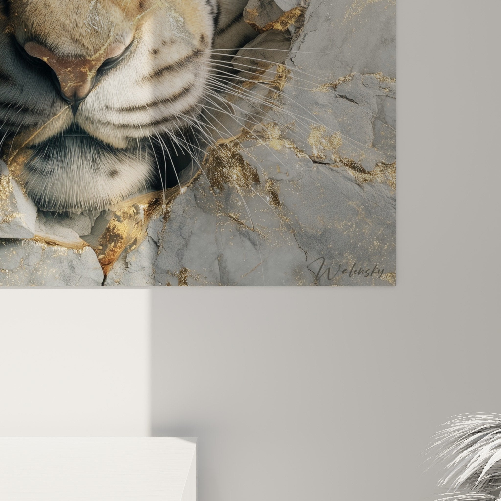 Übersicht Tigermotiv Wandkunst mit goldenen Rissen, modernes dekoratives Kunstwerk mit spektakulärem Trompe-l'œil-Effekt