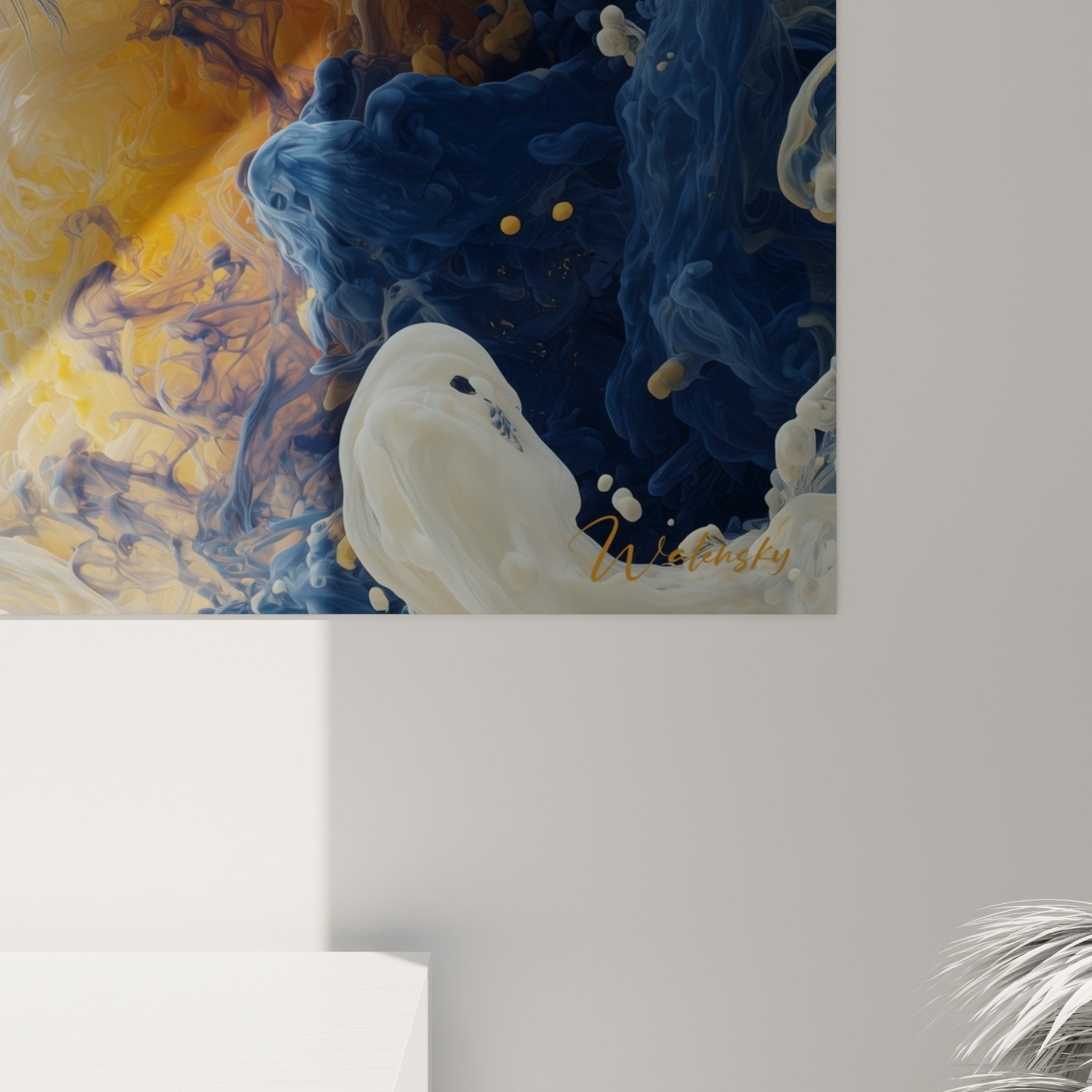 Vue d'ensemble du tableau tigre mystique avec effets de lumière sur les tons bleus et dorés