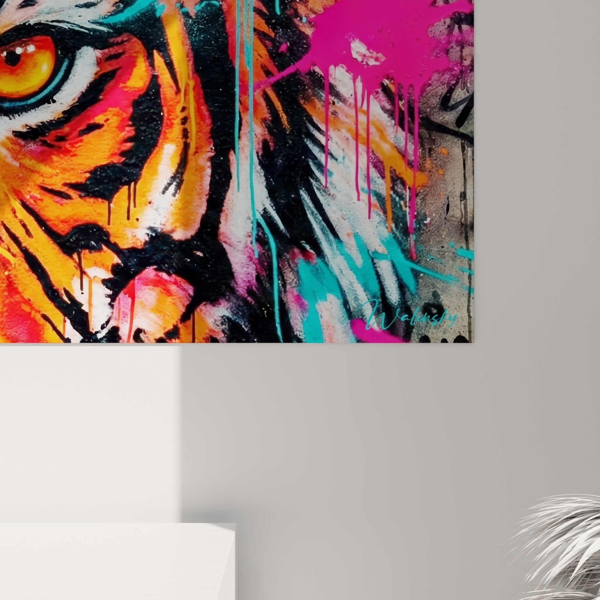 Tableau panoramique tigre street art neon salon moderne decoration murale coloree