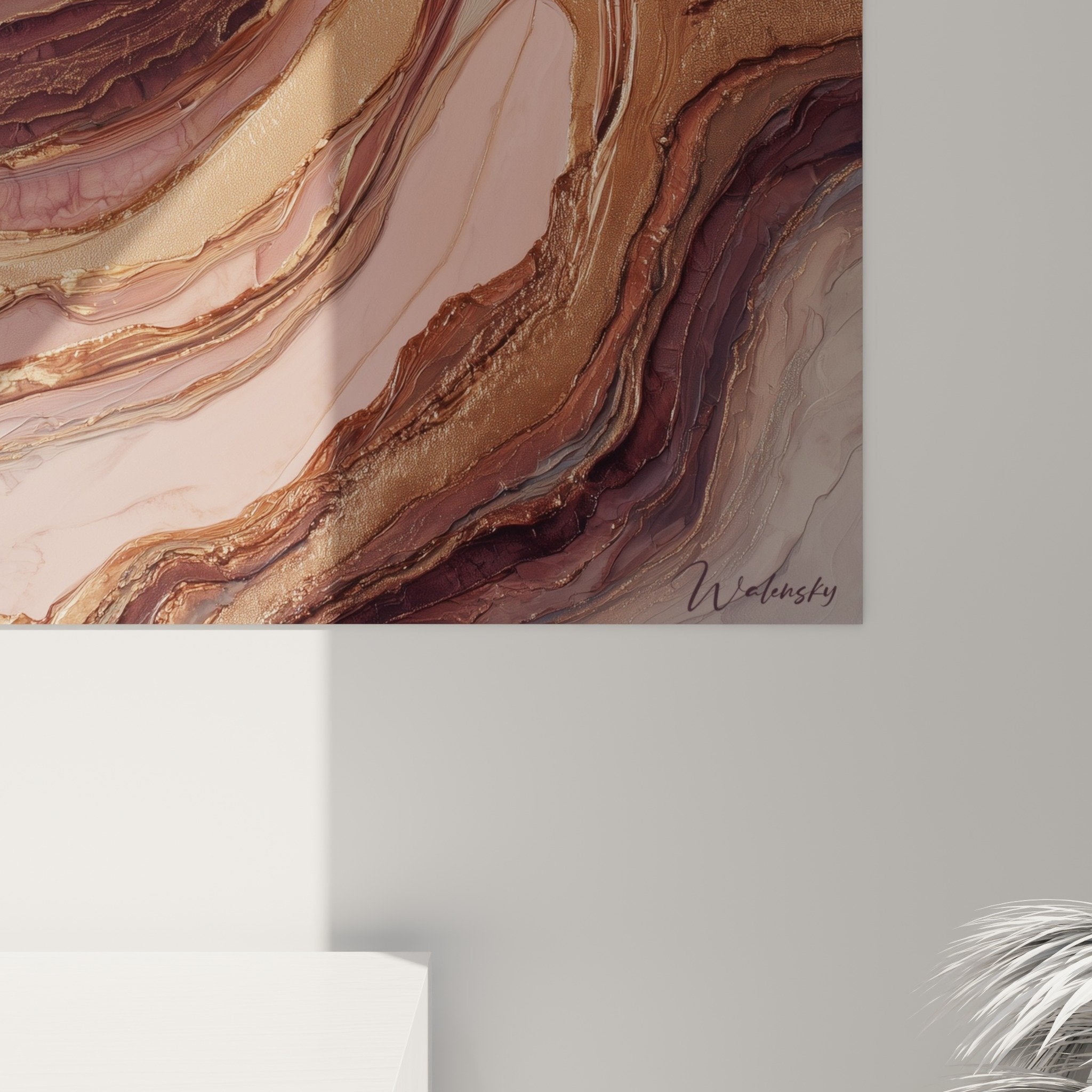 Gesamtansicht abstraktes Gemälde rose beige gold natürliche Flussmuster Feng-Shui Erdmitte Dekoration
