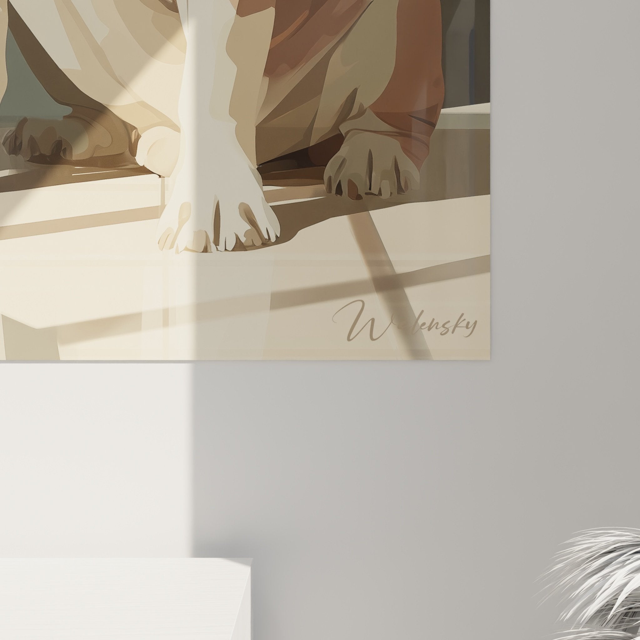 Vue ensemble toile bouledogue anglais decoration interieur salon tons naturels harmonieux