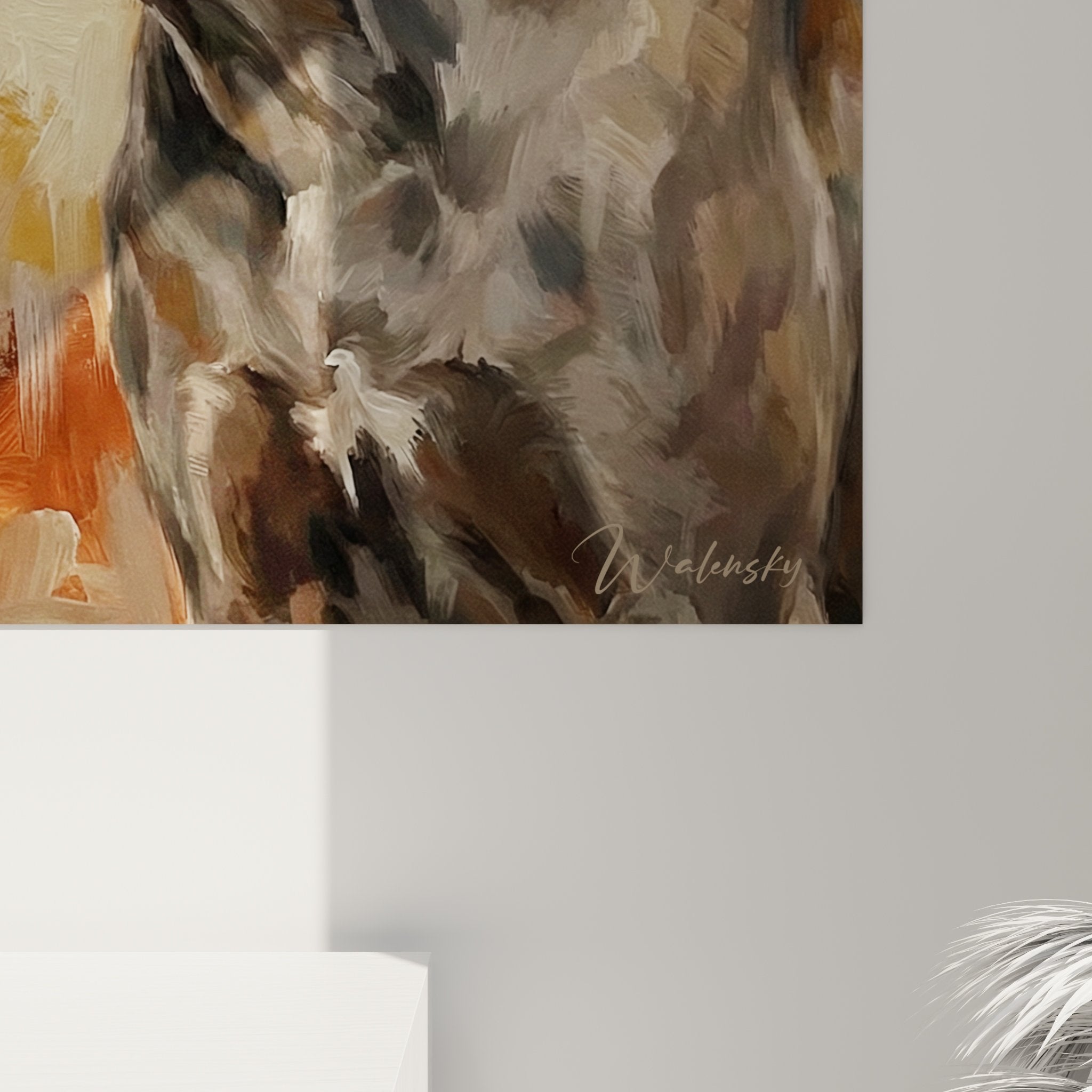 Vue d'ensemble toile Corgi et chien gris, composition artistique, palette chromatique terre et ocre