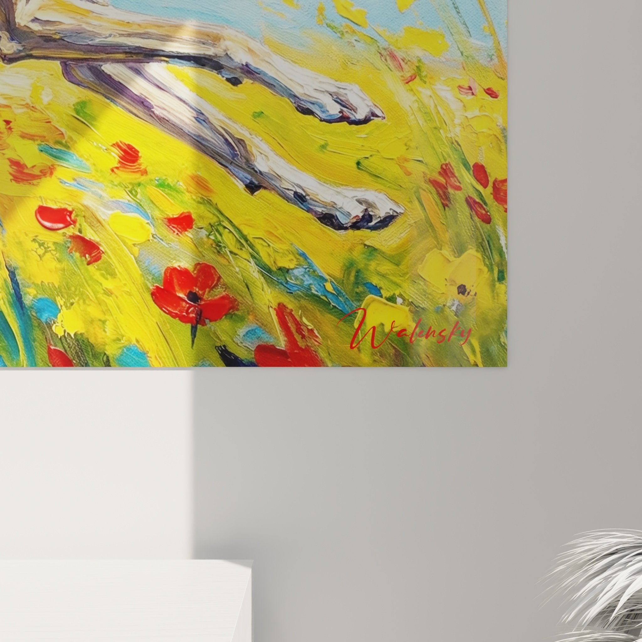 Vue ensemble toile levrier champ dore ciel azure composition equilibree decoration murale