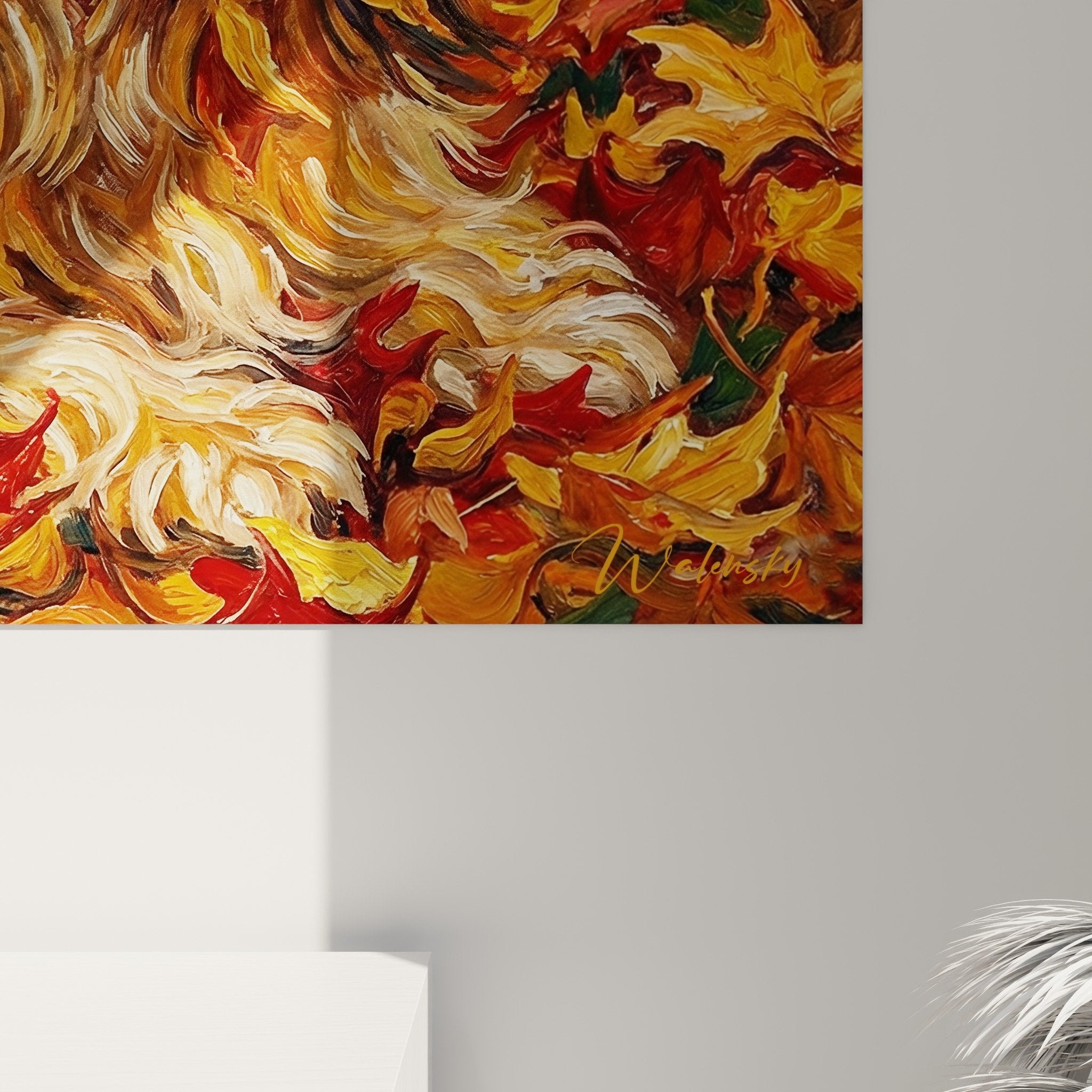 Vue d'ensemble toile Lhassa Apso tons dorés cuivrés décoration murale chaleureuse