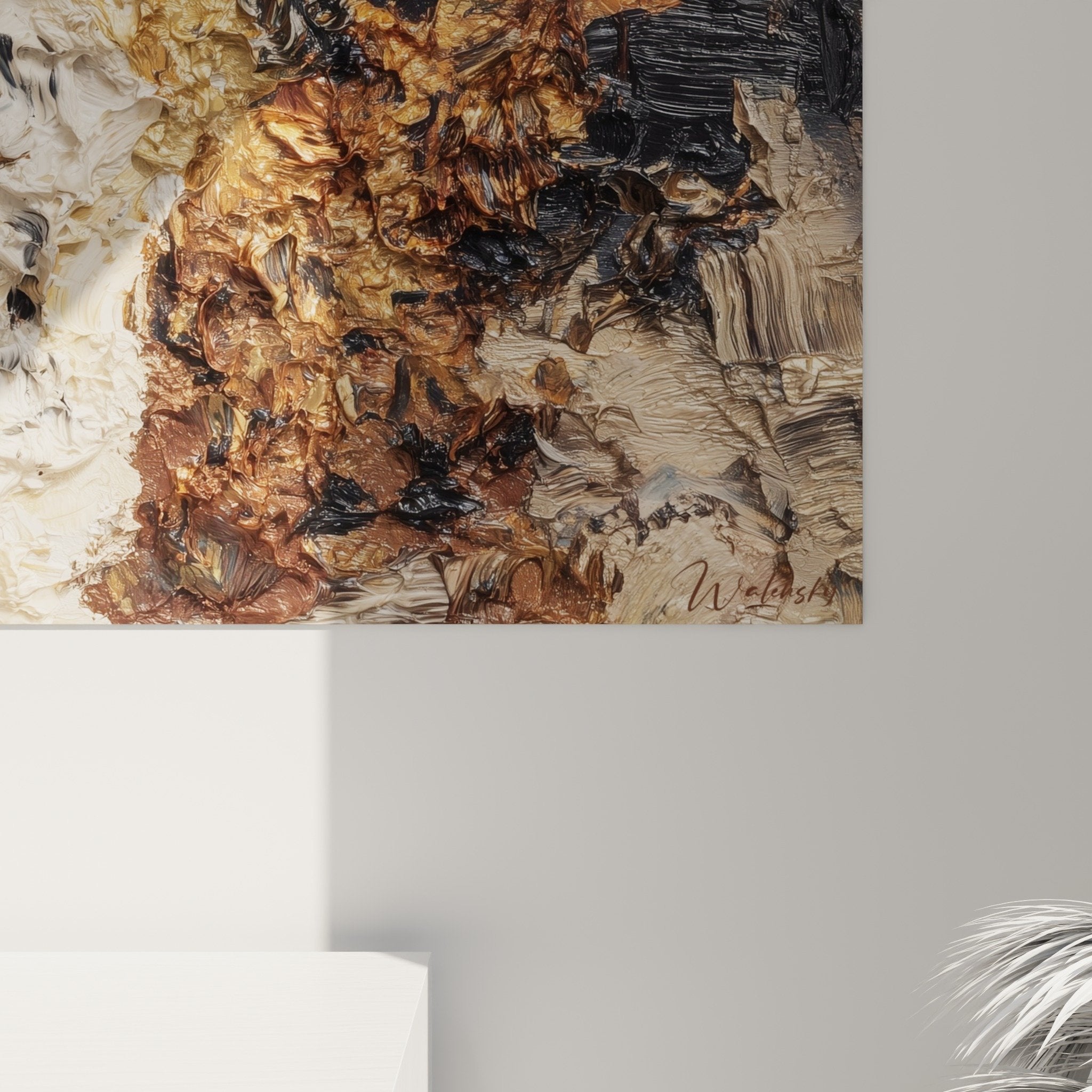 Overall view abstract canvas contrasting textures white pearl gold copper deep black feng shui earth