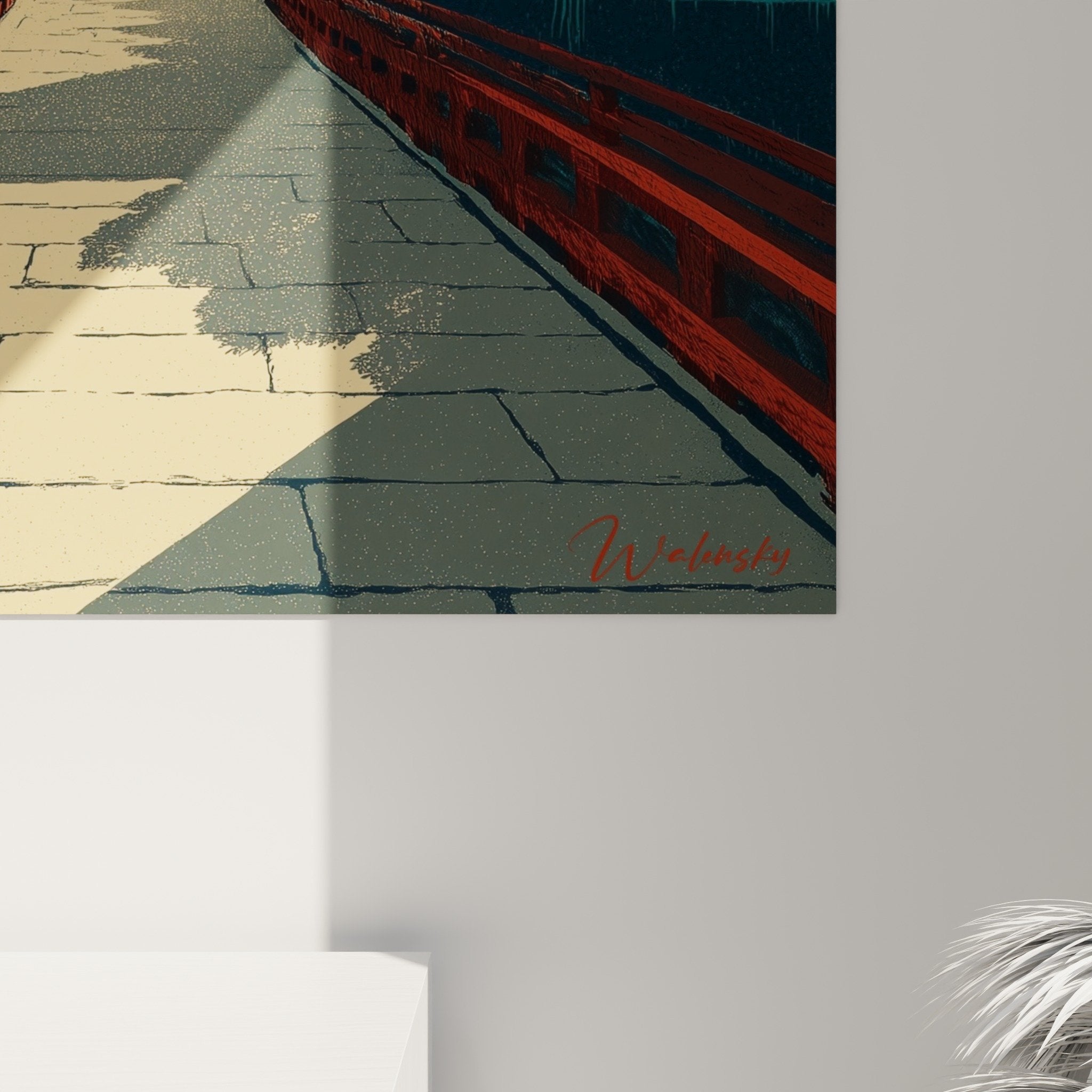 Vue d'ensemble tableau paysage japonais automnal avec torii rouge et perspective chemin de pierre