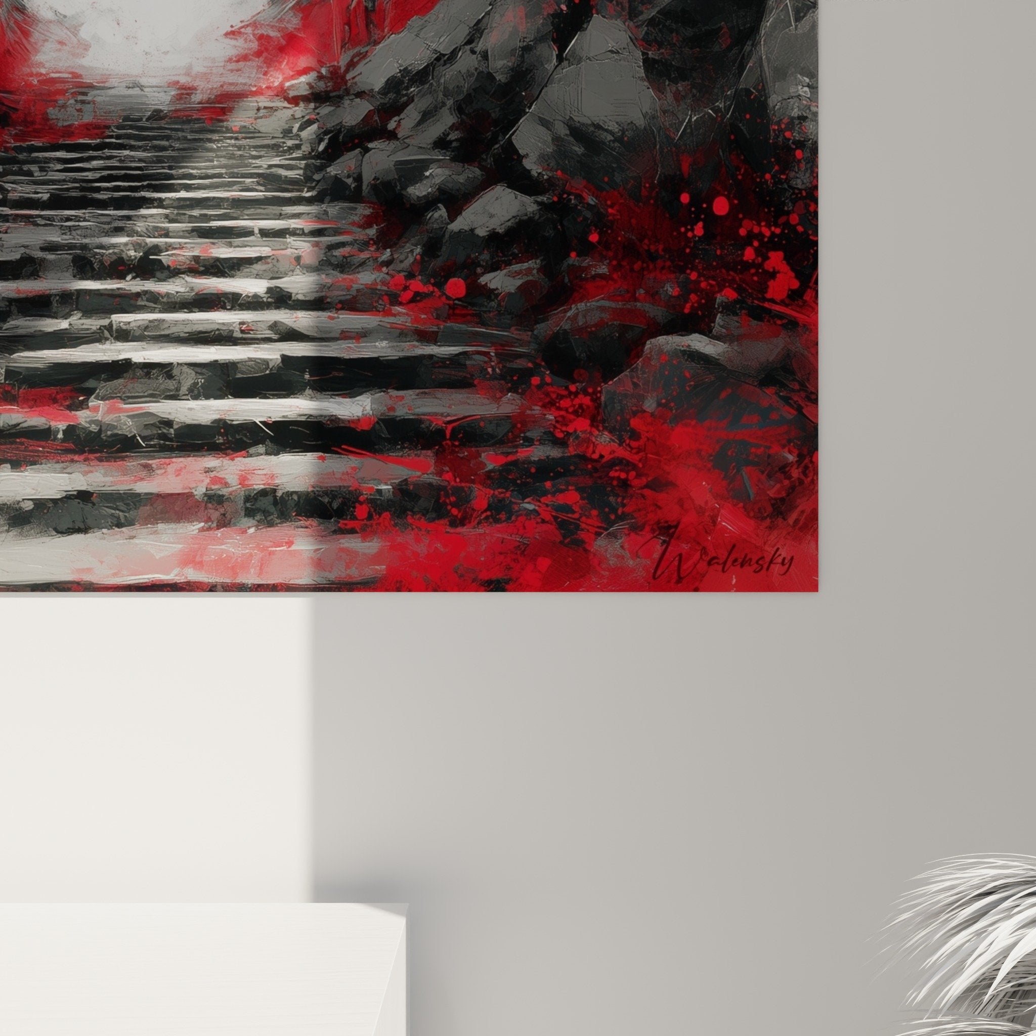 Vue d'ensemble tableau torii mystique rouge dans intérieur moderne avec éclairage ambiant chaleureux