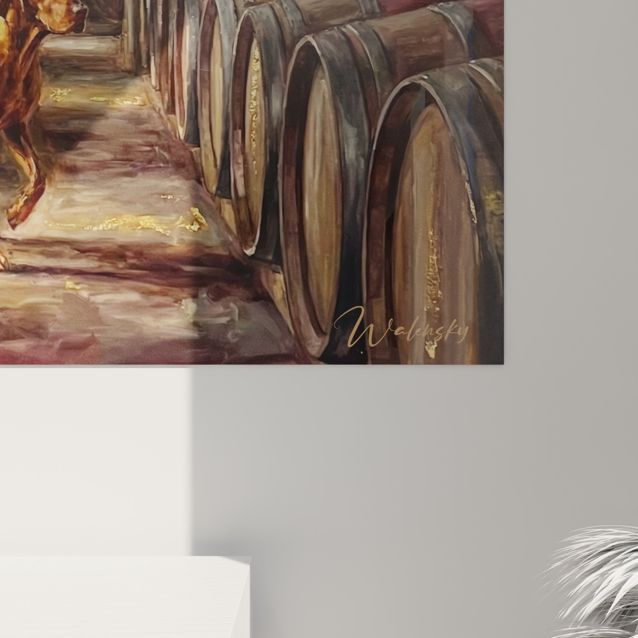 Vue d'ensemble tableau Vizsla gardien de cave, architecture voûtée et rangées de tonneaux