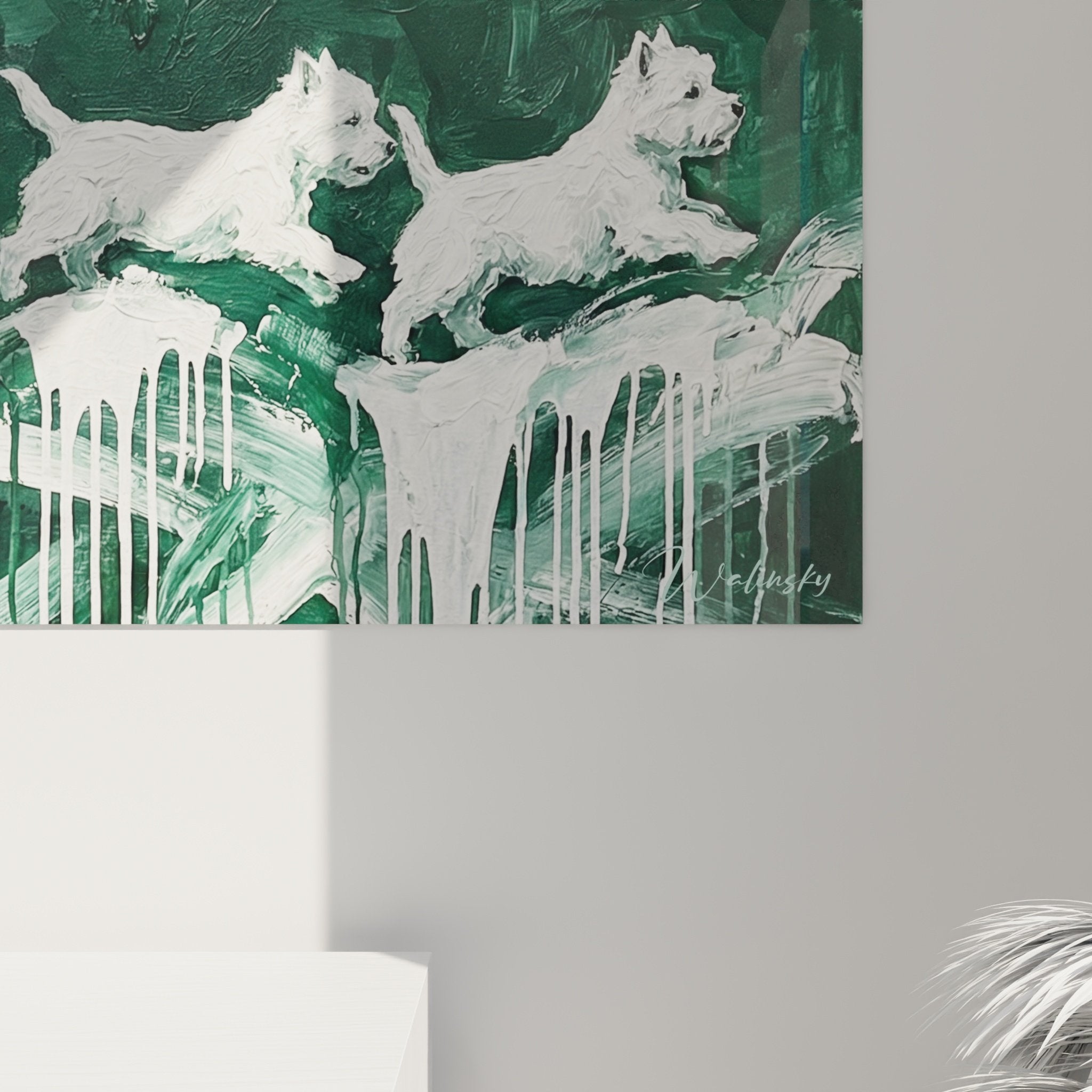 Vue d'ensemble tableau West Highland White Terrier en mouvement, composition horizontale sur fond coloré