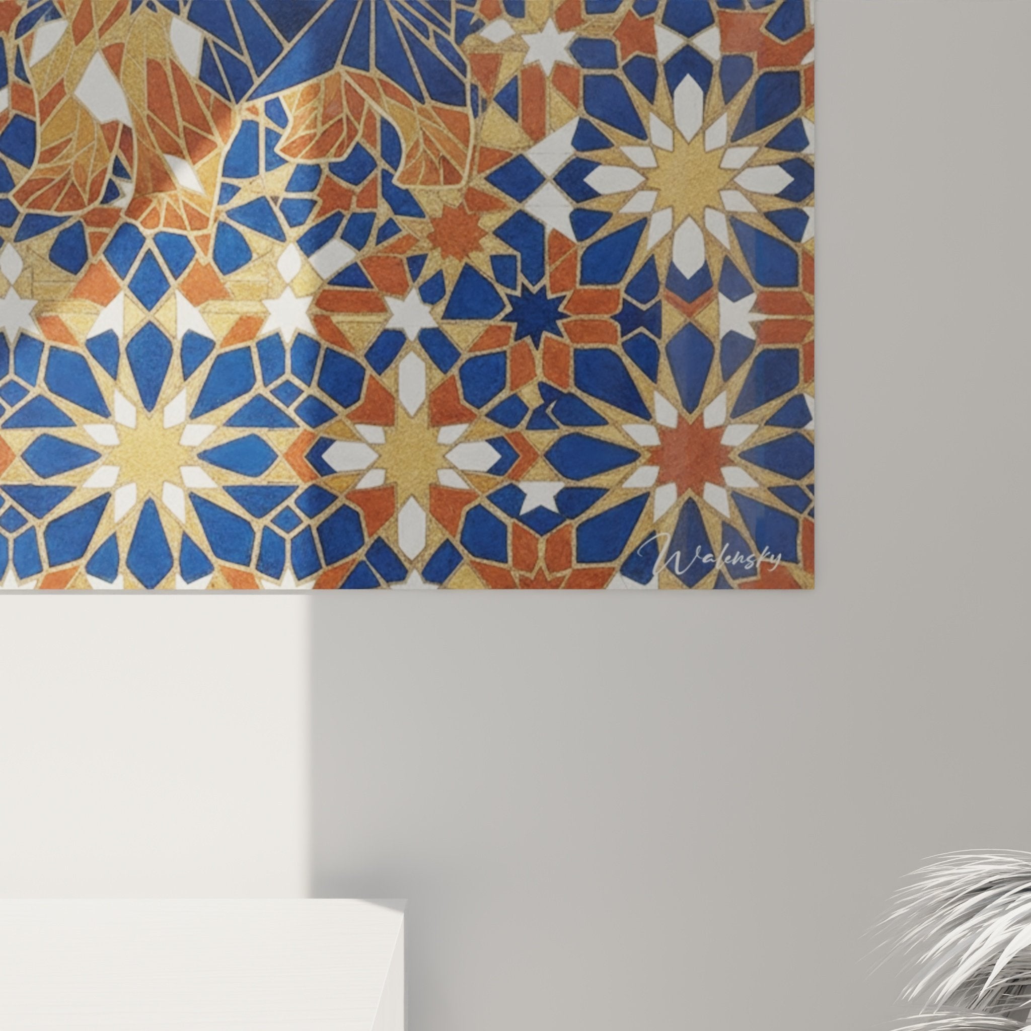Übersicht Gemälde Yorkshire Terrier orientale geometrische Kunst blau gold weiß