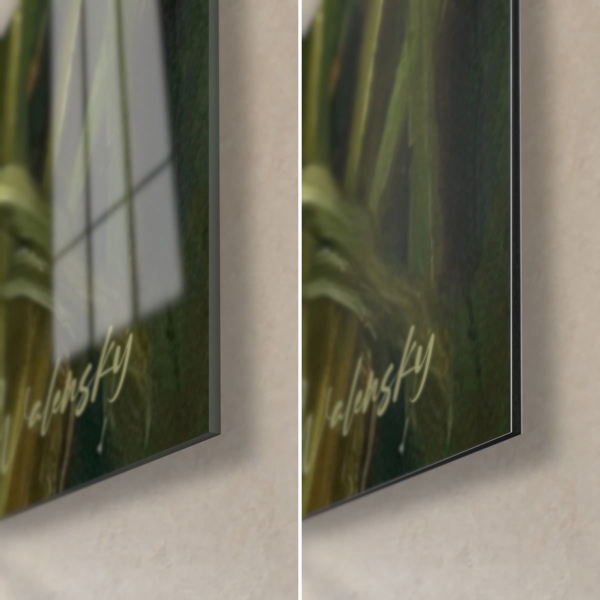 Cuadro cachorro yorkshire, esquina inferior derecha: cristal acrílico brillante con reflejos verde oscuro, aluminio Dibond mate, canto de 3 mm