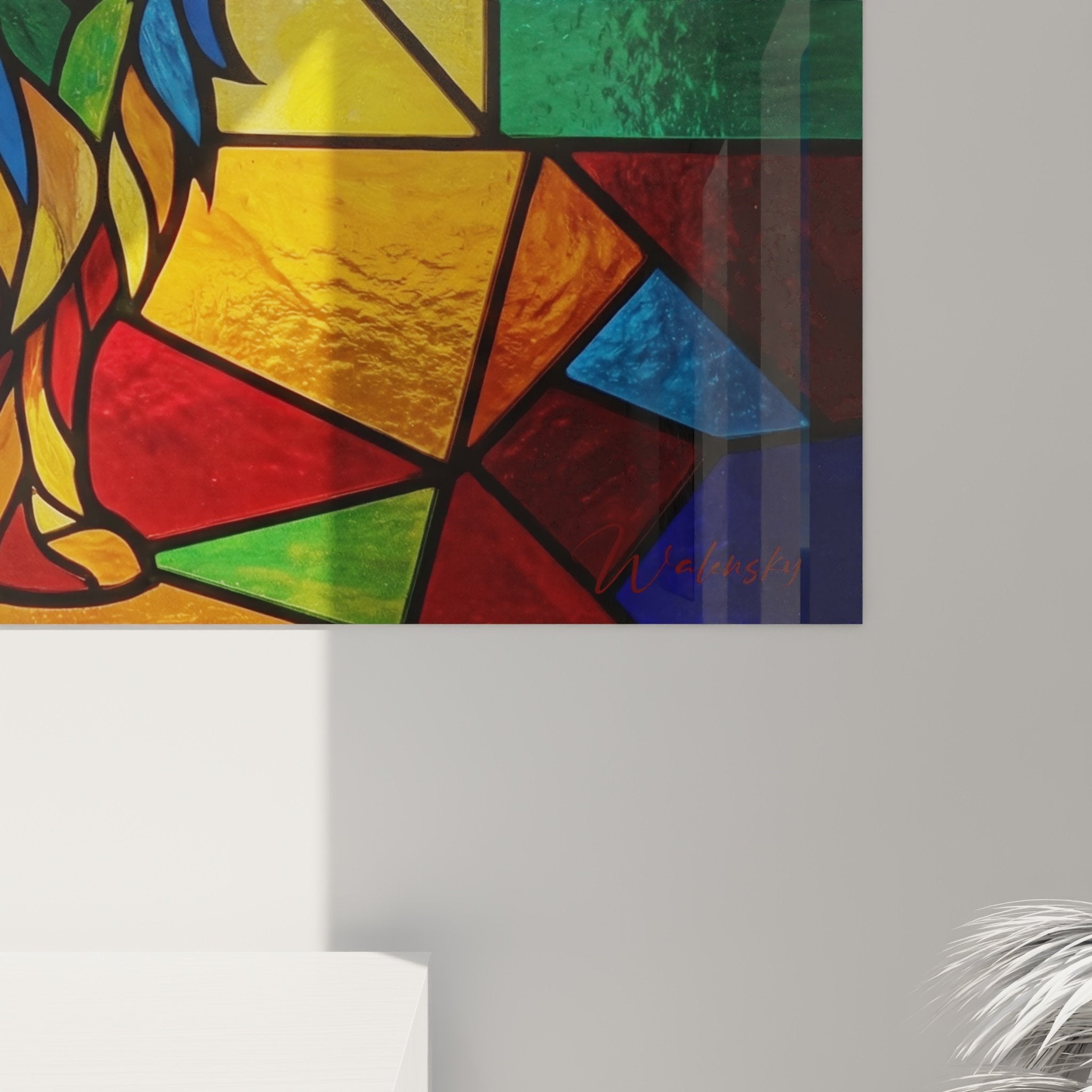 Gesamtansicht Yorkshire Terrier mehrfarbiges Kunstwerk im gotischen Glasmalerei-Stil für moderne Inneneinrichtung