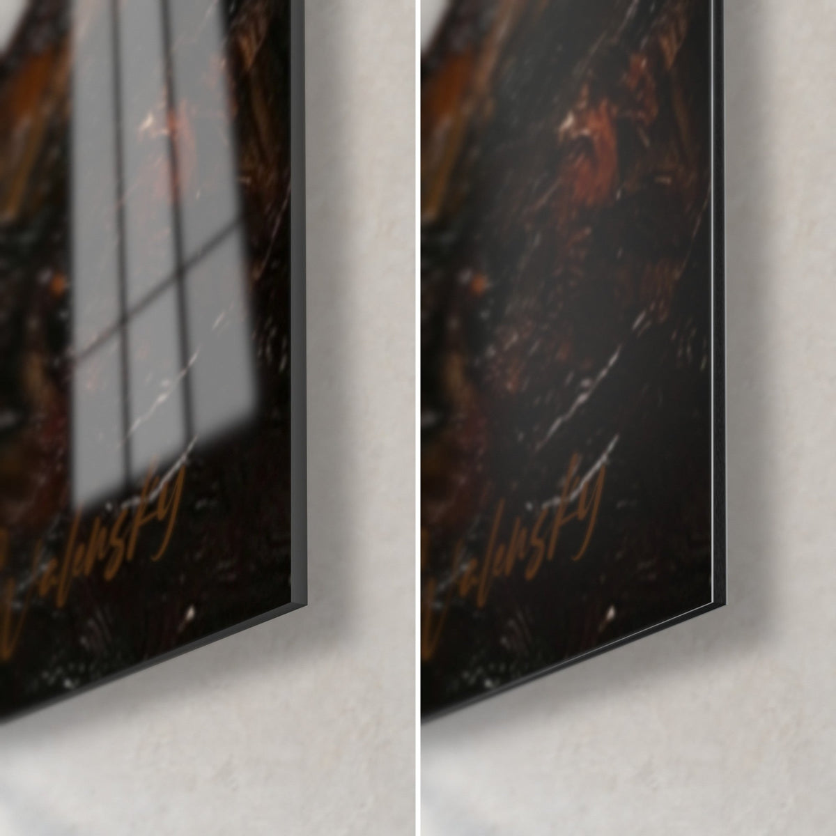 Wall art Irish Wolfhound in thick dark brown and copper impasto, bottom right corner: glossy glass on the left, matte Dibond on the right