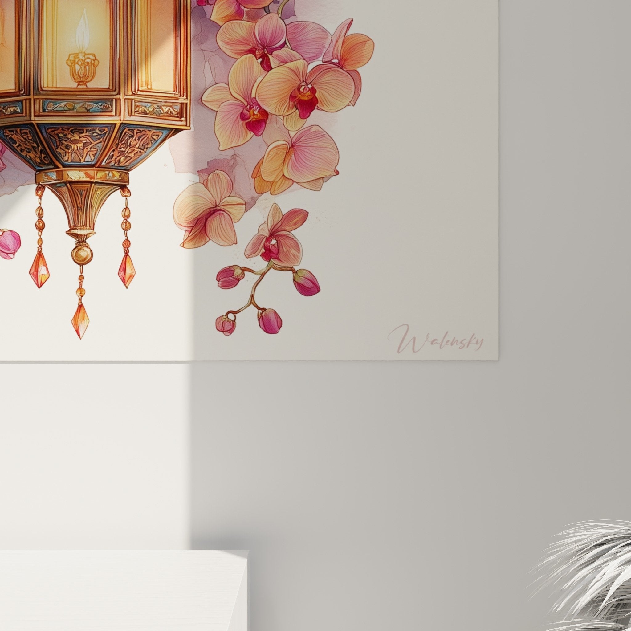 vue ensemble tableau lanterne orientale bronze orchidees decoration interieur moderne