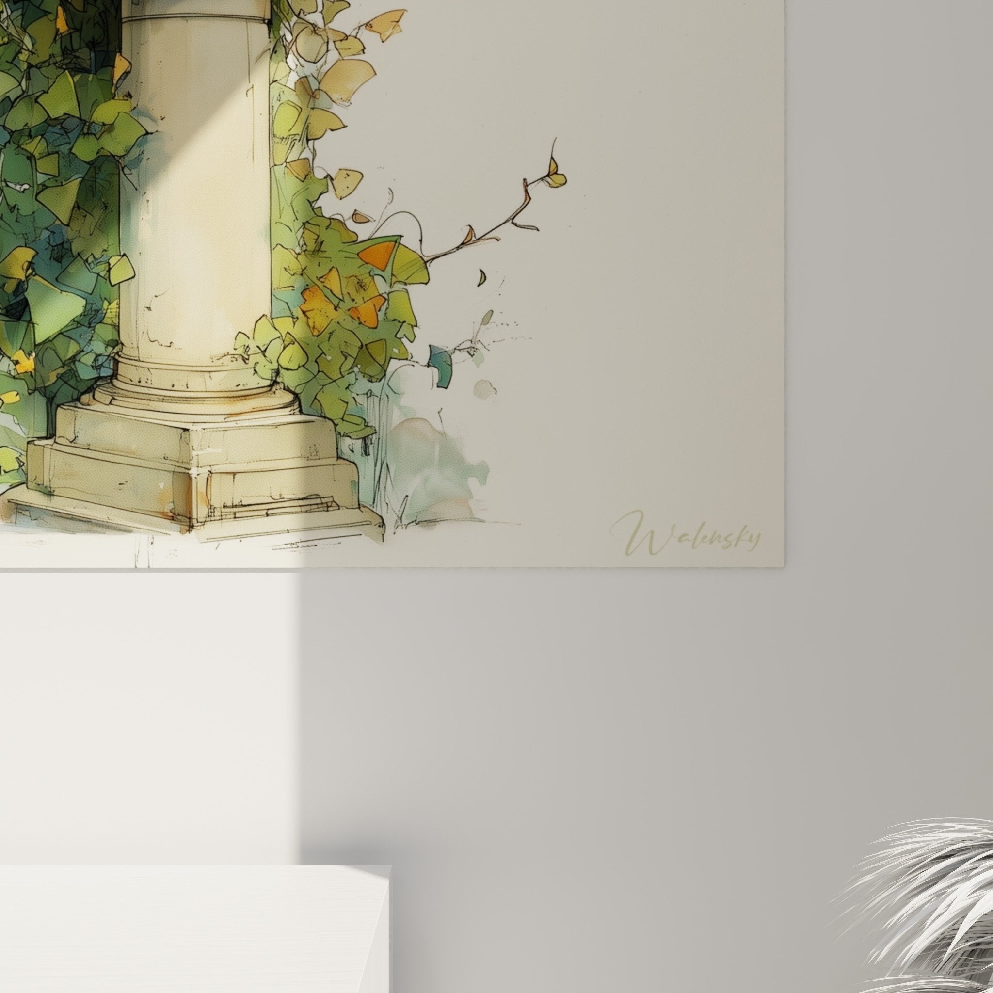 Overall view of illuminated lantern stone pillar with abundant ivy nacre background harmonious nature architecture composition