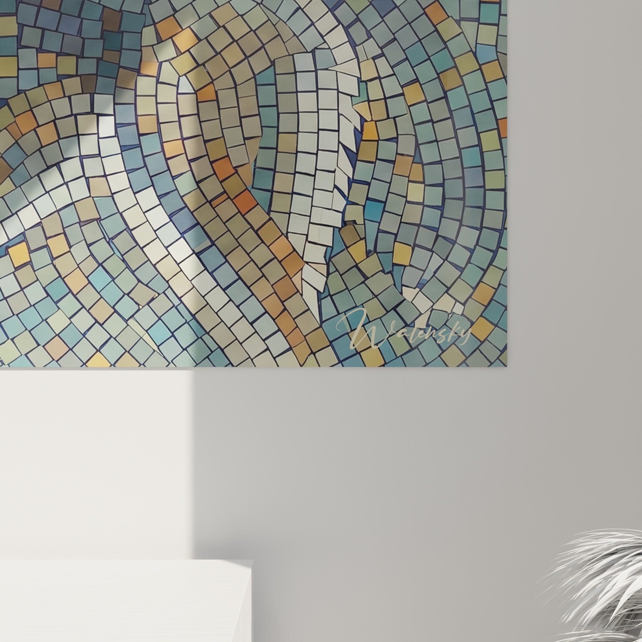 Vue ensemble mosaique husky siberien decoration interieure salon moderne tons bleu gris beige