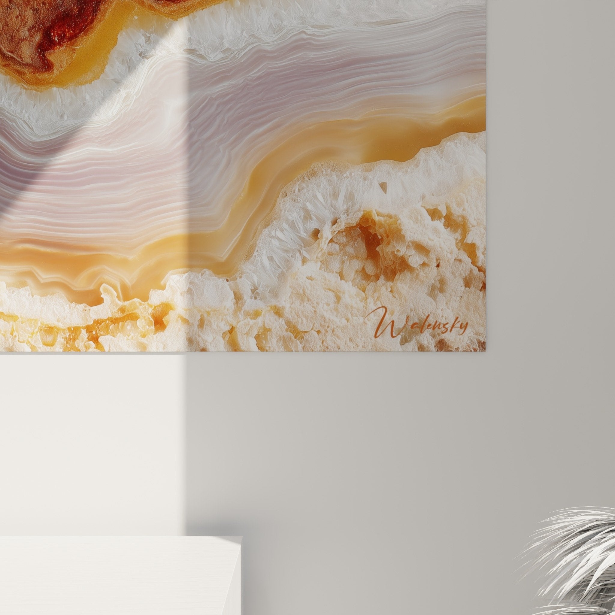 Vue ensemble tableau marbre abstrait mural rouge bordeaux strates geologiques decoration interieure