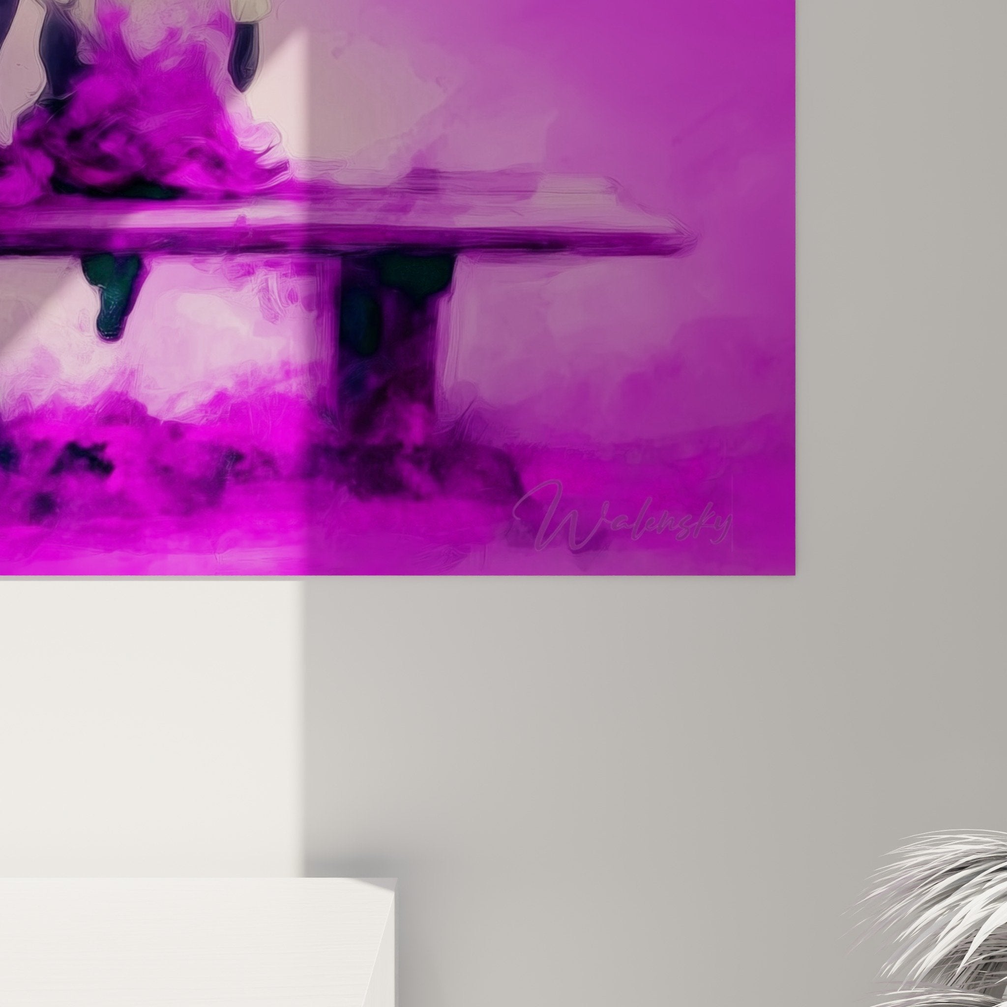 Gesamtansicht lila magenta Wandbild Mutter Kind Bank moderne Inneneinrichtung Klatschmohn Edition